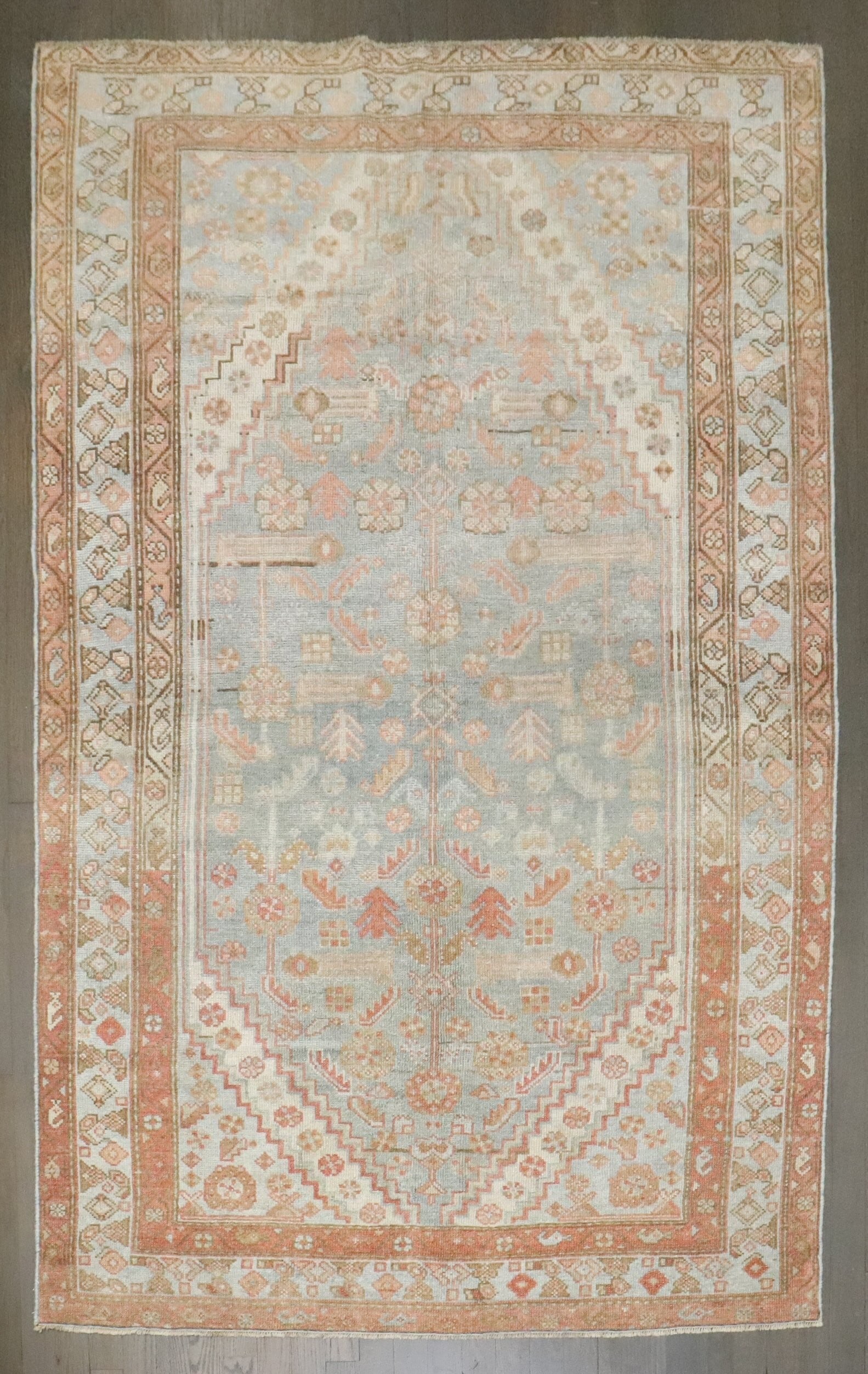 4' 5" x 6' 8" Persian Malayer Accent Rug in Soft Blue Rust: 4' 5" x 6' 8" Persian Malayer Accent Rug in Soft Blue Rust A 1930s Persian Malayer accent rug in a soft blue and rust palette. This pre-owned piece offers the distinctive character of a vintage Malaye
