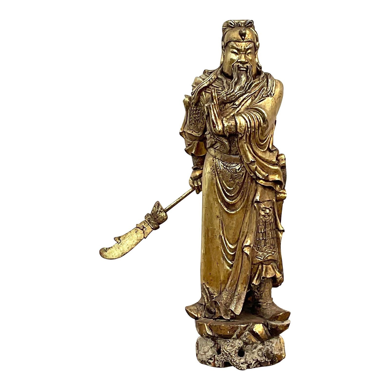 62.0 in Asian Carved Wood Warrior Sculpture in Gilt Finish: 62.0 in Asian Carved Wood Warrior Sculpture in Gilt Finish Monumental vintage hand-carved warrior sculpture with a warm golden gilt finish. Crafted in wood with intricate detailing throughout the robe