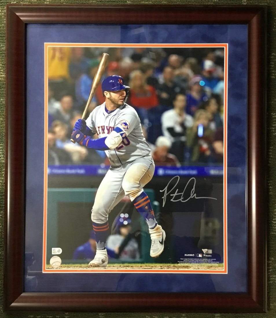 Framed Pete Alonso Autographed New York Mets Photo with Fanatics Authentication: Framed Pete Alonso Autographed New York Mets Photo with Fanatics Authentication This custom-framed photograph features Pete Alonso of the New York Mets, personally signed and authenticated by Fanatics