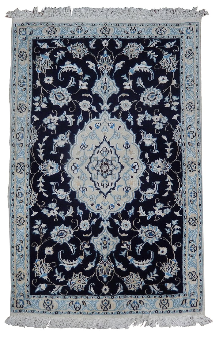 2.6 x 4 Persian Nain Rug Hand Knotted Wool Silk Blue: 2.6 x 4 Persian Nain Rug Hand Knotted Wool Silk Blue Free continental US Shipping This Persian Nain rug measures 2.6 x 4 feet and features a classic medallion design with delicate floral and arabesque