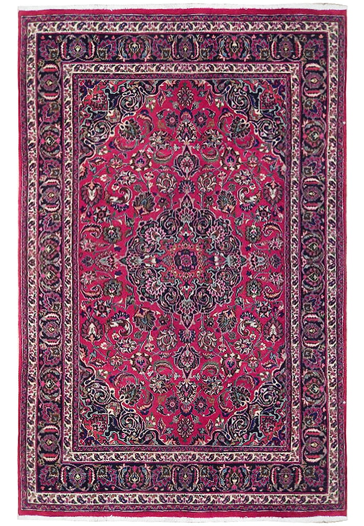 Pink 6' x 10' Hand-Knotted Persian Mashad Area Rug: Pink 6' x 10' Hand-Knotted Persian Mashad Area Rug Free continental US Shipping Enhance your living space with the graceful charm of this 6' x 10' Semi-Antique Persian Mashad Rug. Handcrafted by talen