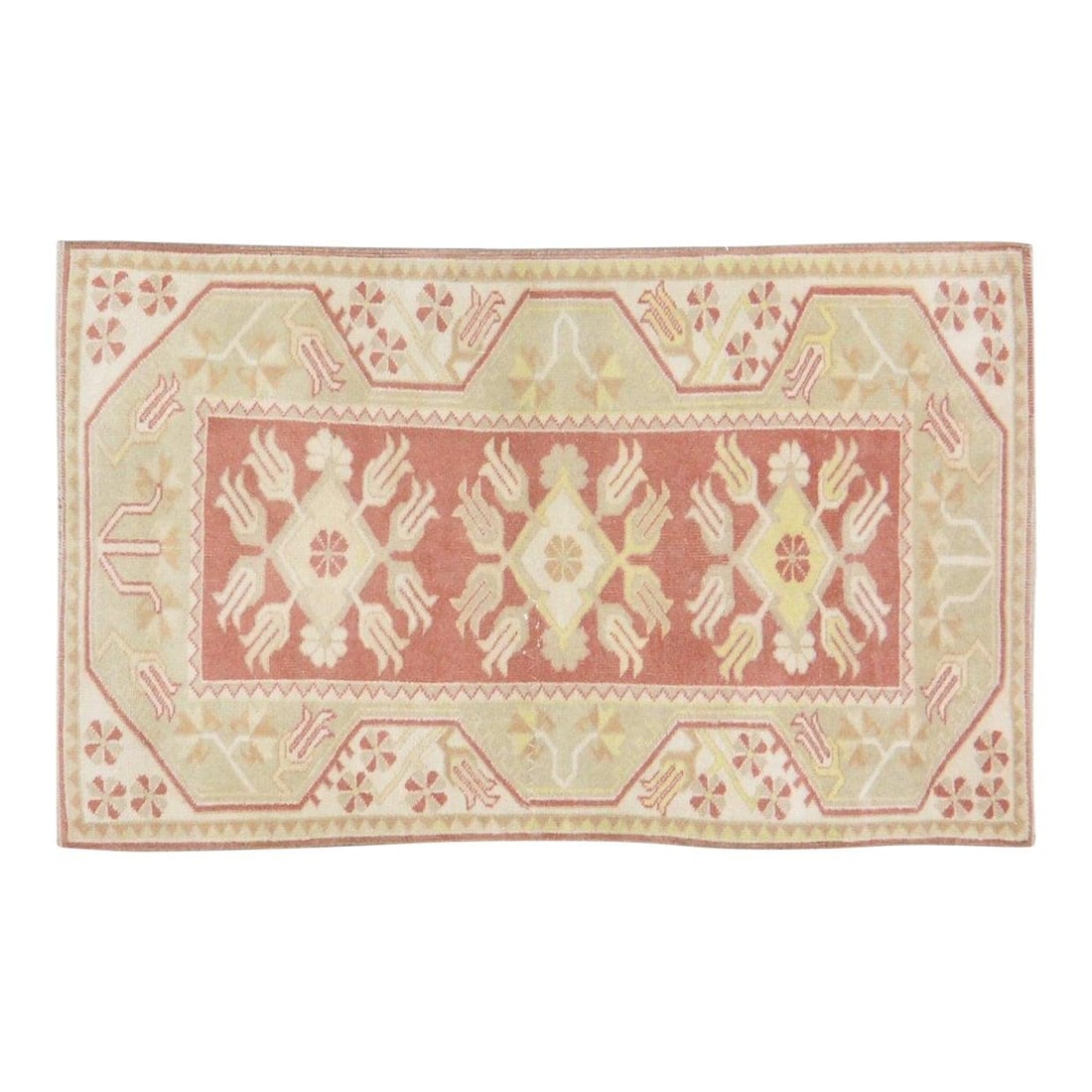 Turkish Anatolian wool area rug 2'7x4'4: Turkish Anatolian wool area rug 2'7x4'4 This vintage Turkish Anatolian rug is hand-knotted from wool using traditional rug-making techniques. It features a rich red color and a soft, durable texture t