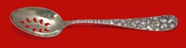 Schofield Sterling Silver Baltimore Rose 9-Hole Slotted Serving Spoon: Schofield Sterling Silver Baltimore Rose 9-Hole Slotted Serving Spoon This exquisite slotted serving spoon showcases the Baltimore Rose pattern by Schofield, crafted from high-quality sterling silver.