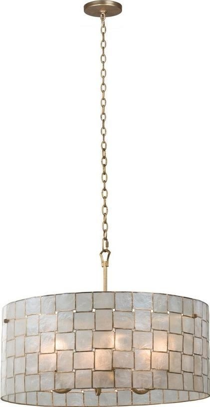 Kalco Roxy Gold Leaf Pendant Light with Shell Design: Kalco Roxy Gold Leaf Pendant Light with Shell Design Elevate your space with this exquisite gold leaf pendant featuring a stunning shell design. This captivating lighting piece combines a casual luxur