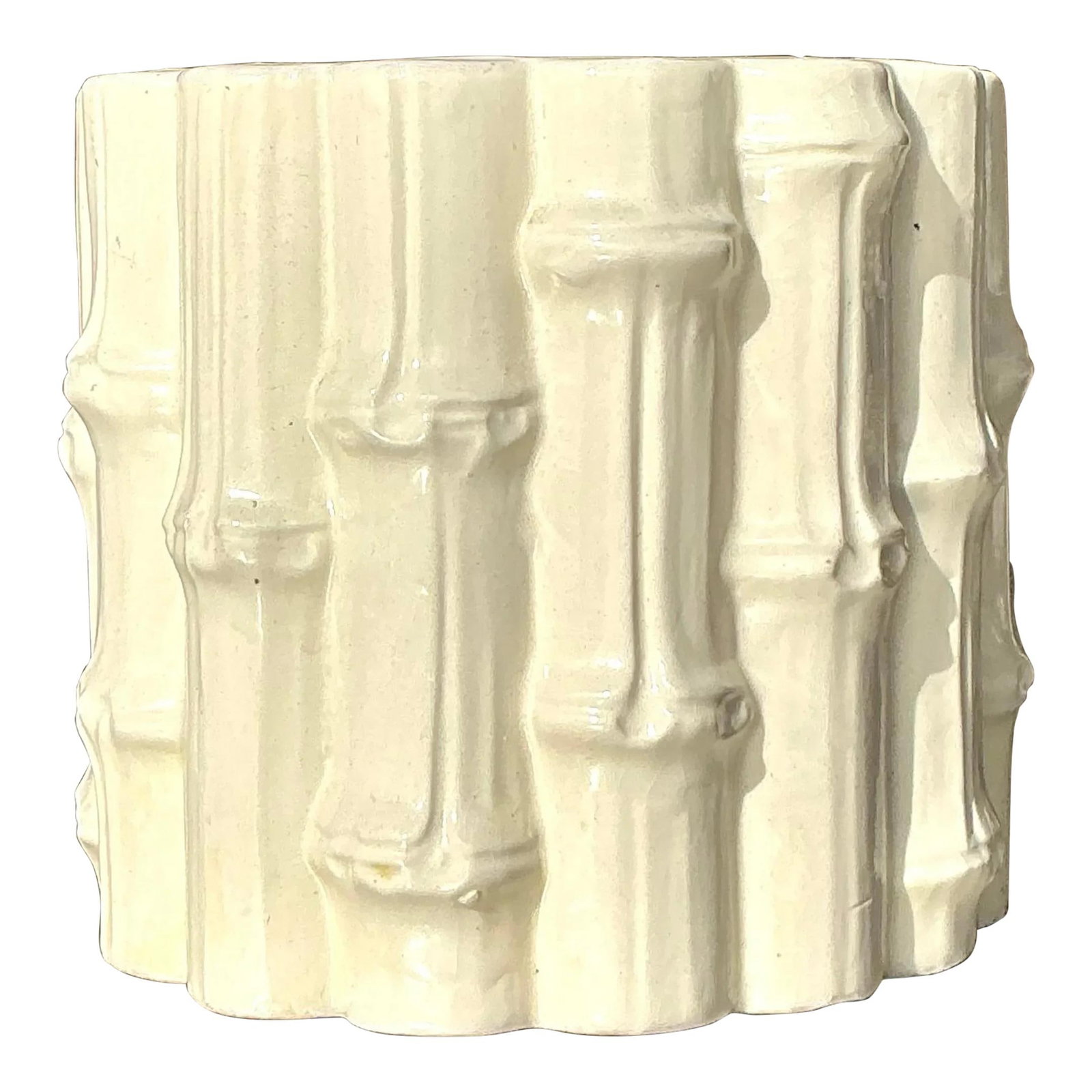 Vintage Coastal Ceramic Bamboo Cache Pot Off-White Glossy Finish (1 of 6)