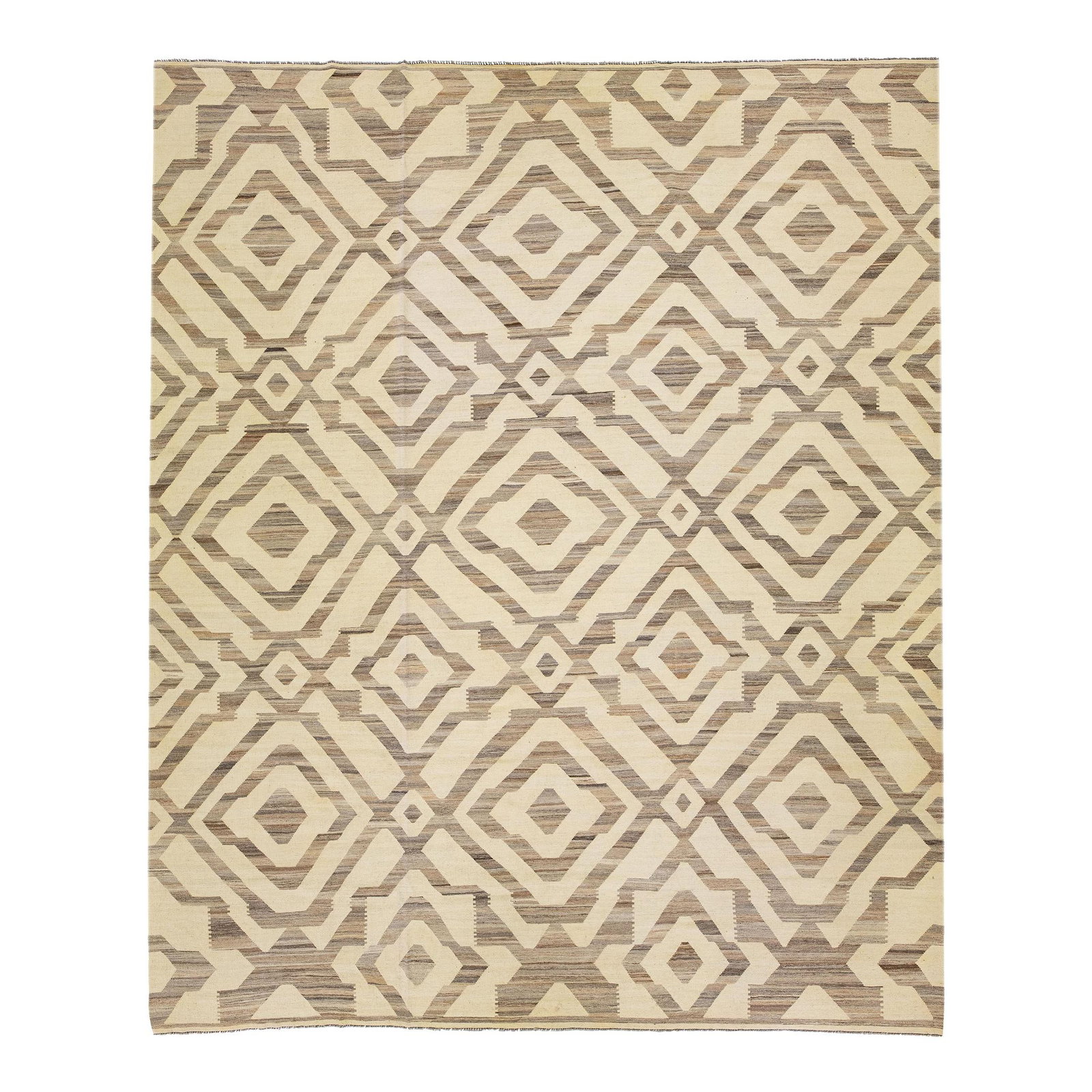 1960s Oversize Beige Kilim Wool Rug Geometric Design 12'7 x 14'9: 1960s Oversize Beige Kilim Wool Rug Geometric Design 12'7 x 14'9 This stunning 1960s oversize Kilim rug features a contemporary geometric pattern set against a neutral beige background. Crafted from h