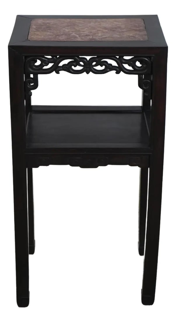 Chinese style rosewood side table with marble inset top 16w x 12d x 32h: Chinese style rosewood side table with marble inset top 16w x 12d x 32h Chinese style end table with a marble inset top, crafted in rosewood and accented by fine carved details. This pre-owned piece i