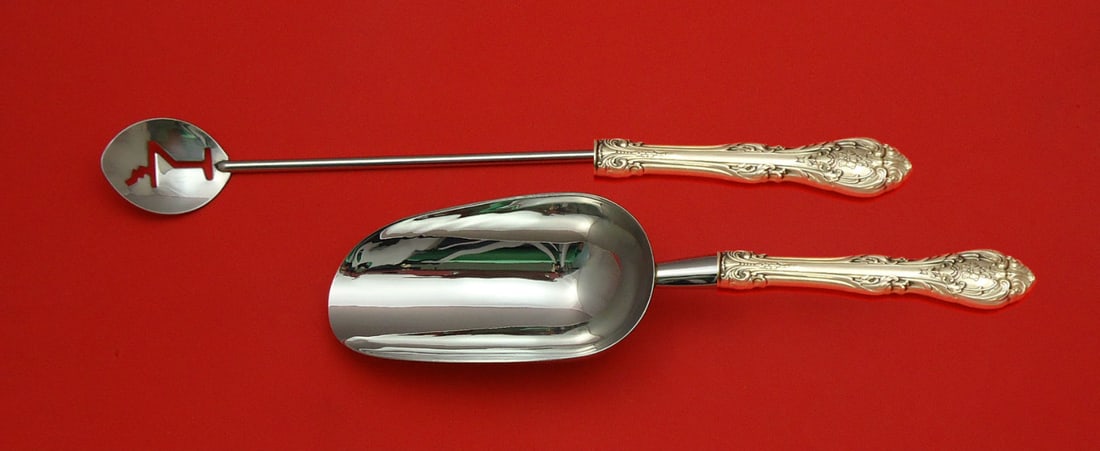 Gorham King Edward Sterling Silver Bar Set 2pc Martini Spoon Ice Scoop: Gorham King Edward Sterling Silver Bar Set 2pc Martini Spoon Ice Scoop Elevate your cocktail experience with this exquisite 2-piece bar set from the King Edward collection by Gorham. Crafted from high