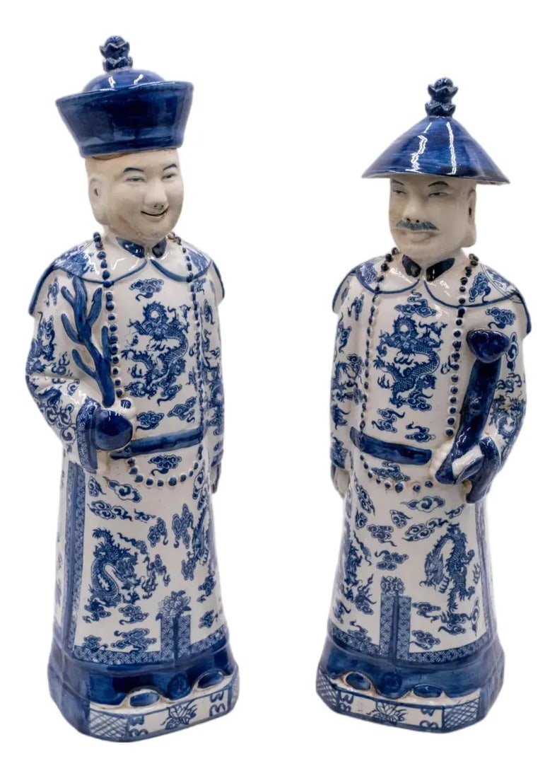 Vintage Chinese Blue White Porcelain Emperor Figures Qing Style 22": Vintage Chinese Blue White Porcelain Emperor Figures Qing Style 22" This stunning pair of vintage Chinese emperor figures showcases exquisite craftsmanship characteristic of the Qing Dynasty. Each fig