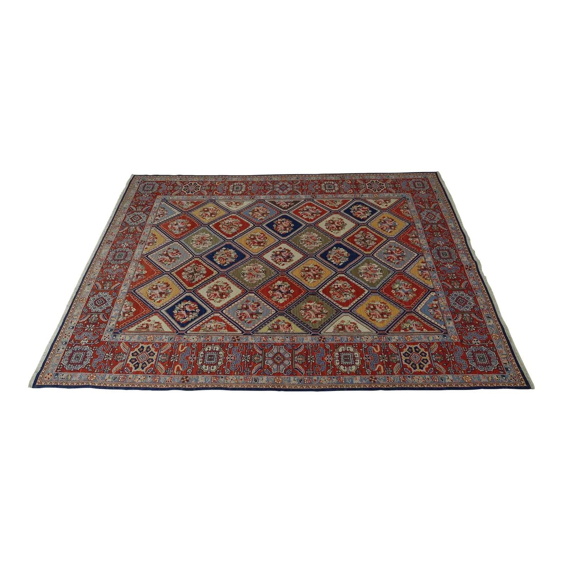 104 x 142 Hand Woven Oriental Rug Red Textile: 104 x 142 Hand Woven Oriental Rug Red Textile Hand-woven Oriental rug with bright, vibrant colors and a tightly woven low-pile construction. Approximately 30 years old, this pre-owned estate rug is de
