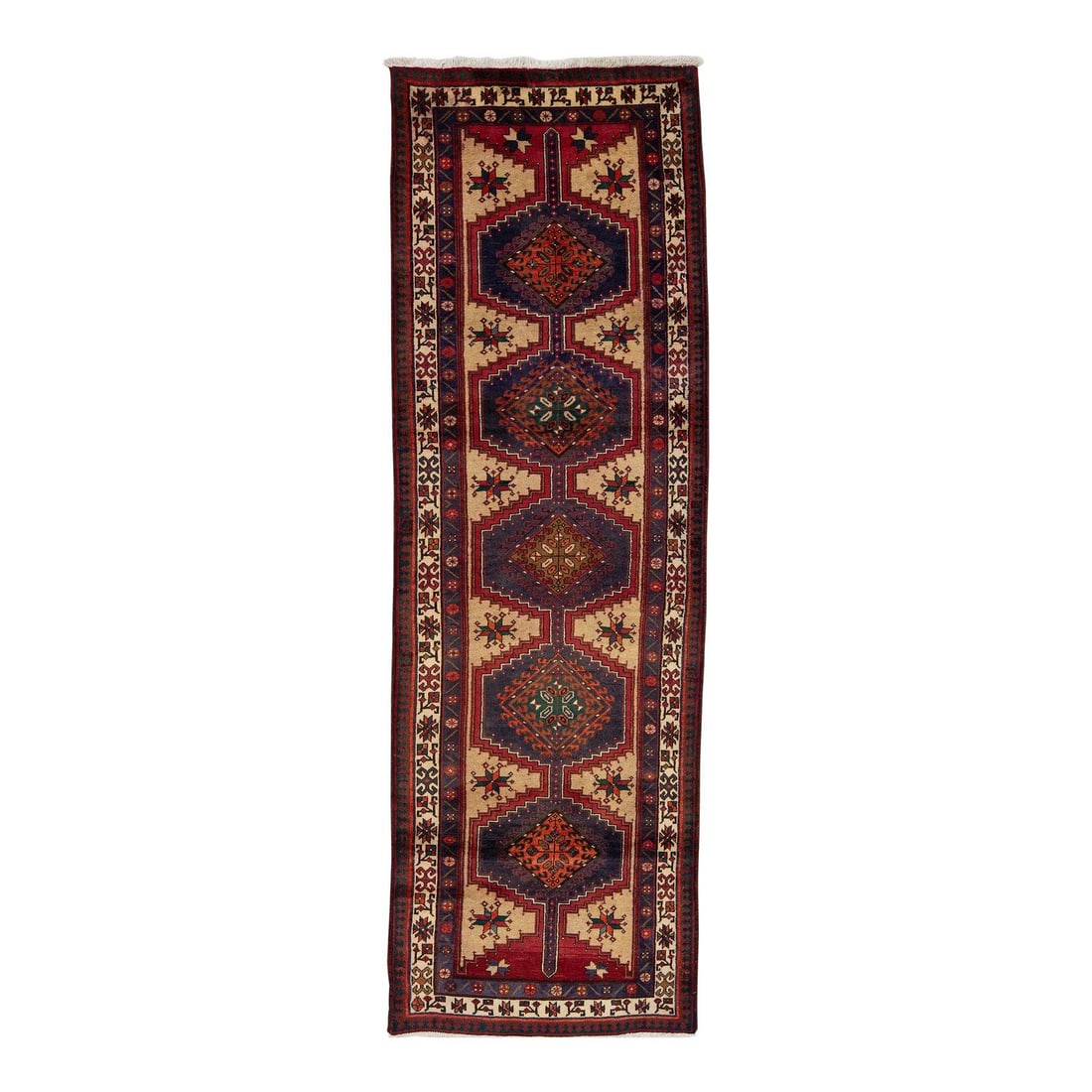 1950s Hand Knotted Persian Serab Wool Runner Geometric Design 3'5 x 10'5: 1950s Hand Knotted Persian Serab Wool Runner Geometric Design 3'5 x 10'5 This exquisite hand-knotted Persian Serab wool runner from the 1950s showcases a striking geometric design. The rug features a 