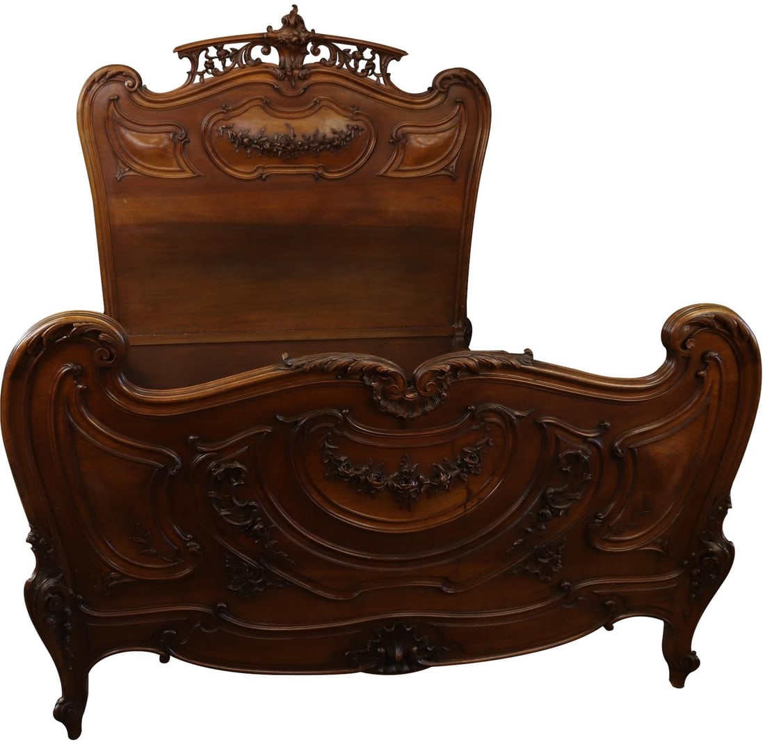 Antique French Rococo Walnut Bed Louis XV Full Size 1900 (1 of 7)