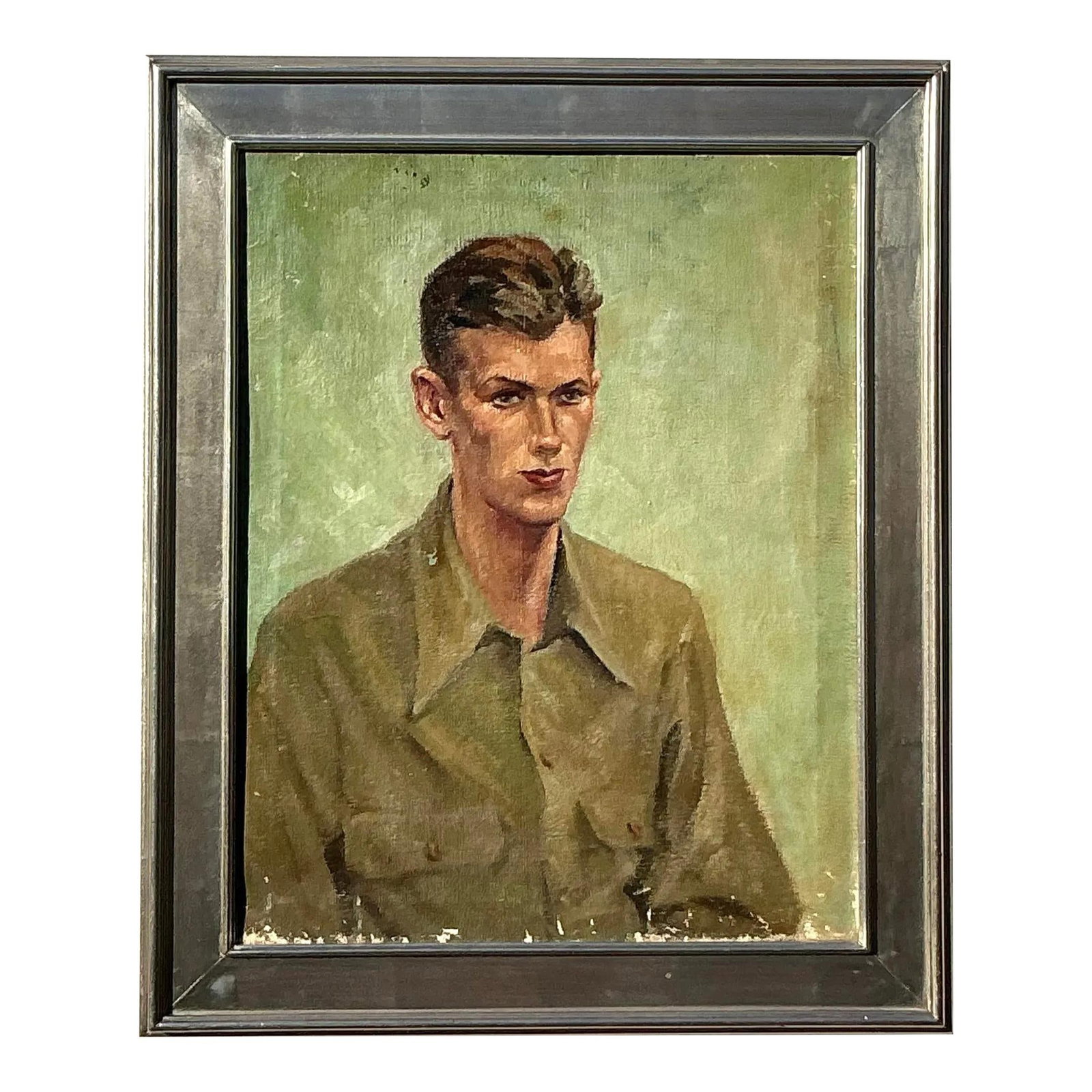Mid Century Vintage Boho Oil Portrait Canvas Artwork: Mid Century Vintage Boho Oil Portrait Canvas Artwork This captivating mid-20th century vintage oil portrait on canvas features a young man in military attire set against a muted green background. The 