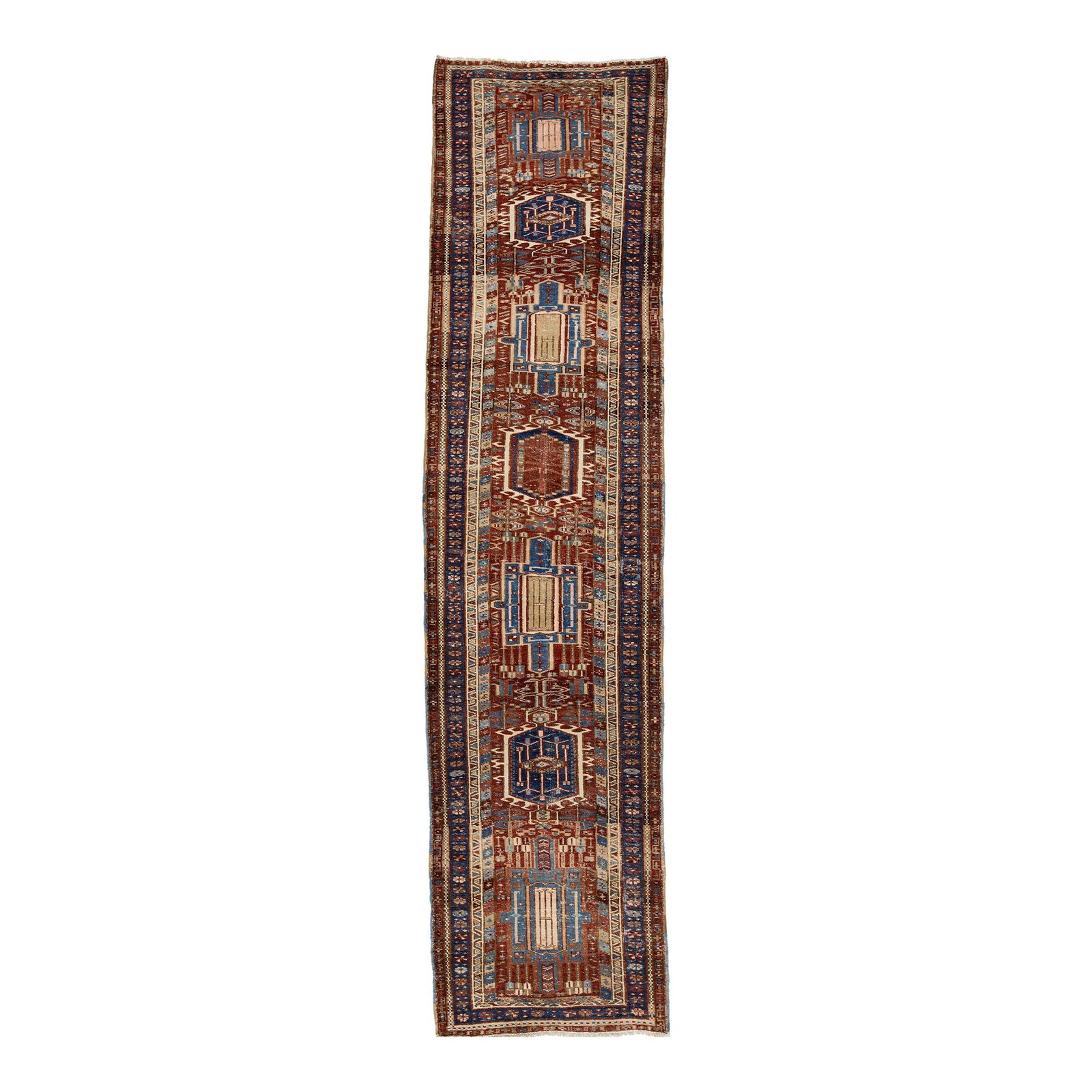 Vintage Persian Heriz Hand-Knotted Wool Runner Red Geometric Design 2'10 x 11'2: Vintage Persian Heriz Hand-Knotted Wool Runner Red Geometric Design 2'10 x 11'2 This stunning Vintage Persian Heriz runner showcases a beautifully hand-knotted wool construction, featuring a rich red-