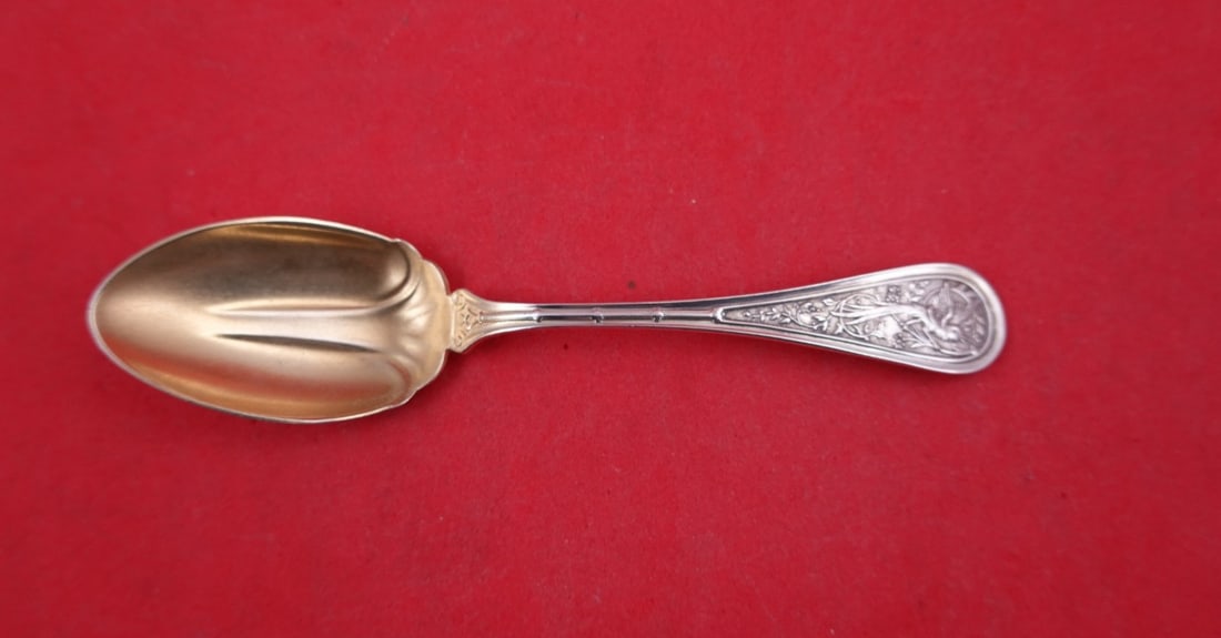 Wendt Bird Sterling Silver Sorbet Spoon Gold Washed Fluted Bowl 5": Wendt Bird Sterling Silver Sorbet Spoon Gold Washed Fluted Bowl 5" Sterling silver sorbet spoon in the Bird pattern by Wendt, featuring a gold-washed finish and fluted detail down the center of the bo