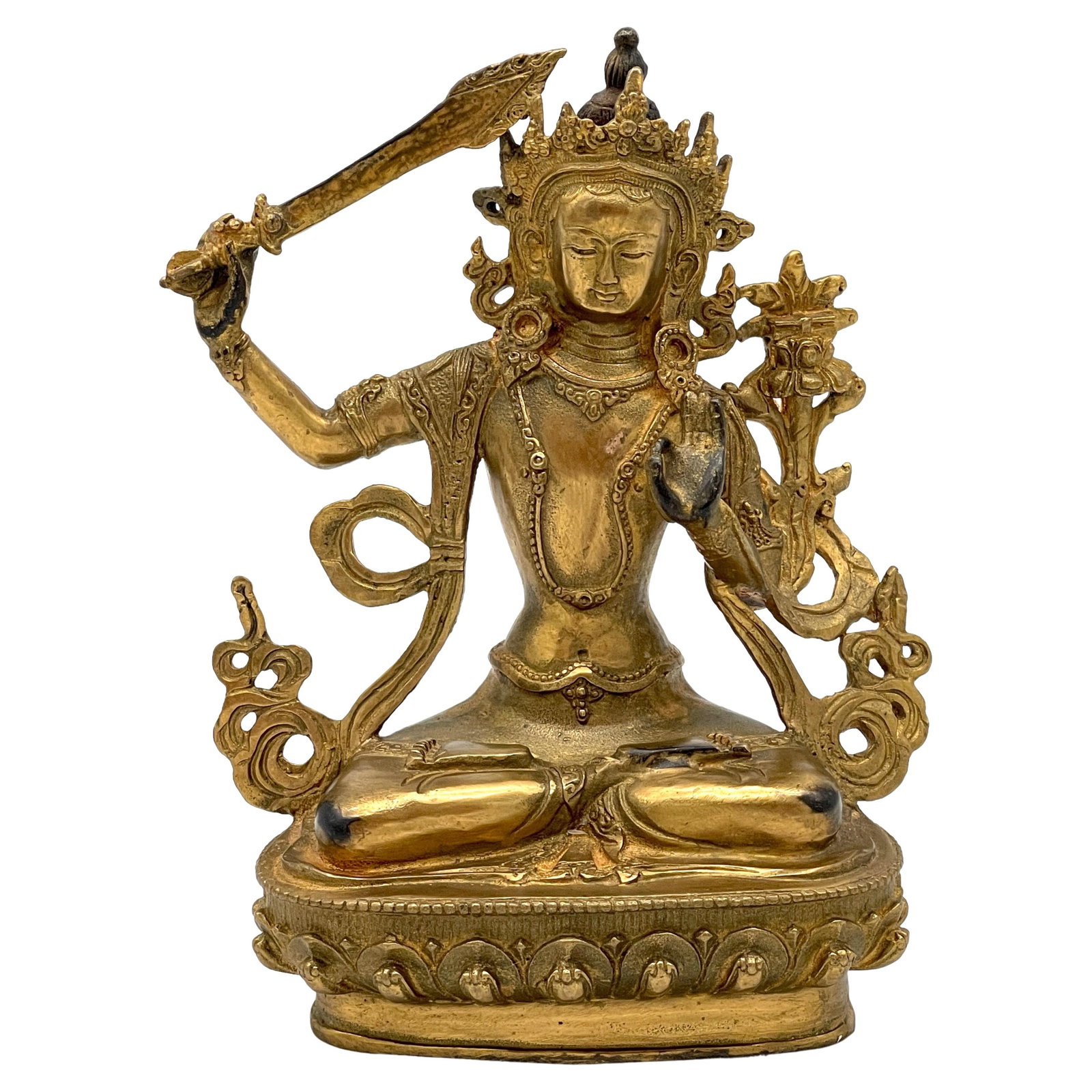 19th Century Tibetan Gilt Bronze Manjushri Bodhisattva Sculpture: 19th Century Tibetan Gilt Bronze Manjushri Bodhisattva Sculpture This exquisite 19th Century Tibetan gilt bronze sculpture depicts the Manjushri Bodhisattva, the embodiment of Wisdom in Buddhist tradi