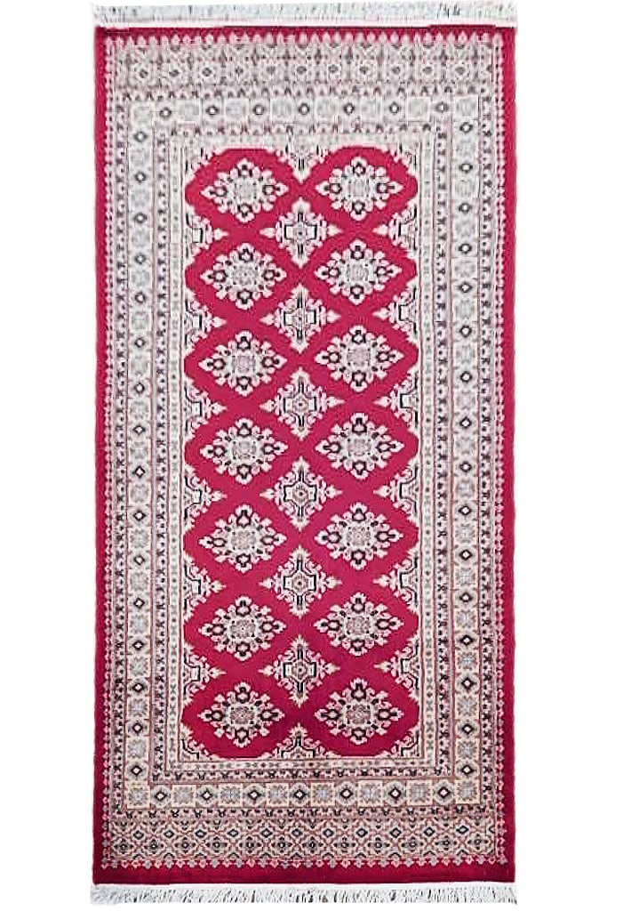 Hand-Knotted 3.1 x 5.3 Red Jaldar Bokhara Area Rug: Hand-Knotted 3.1 x 5.3 Red Jaldar Bokhara Area Rug Free continental US Shipping Enhance your space with the exquisite 3' x 5' Red Jaldar Bokhara Rug, a perfect blend of tradition and elegance. This st