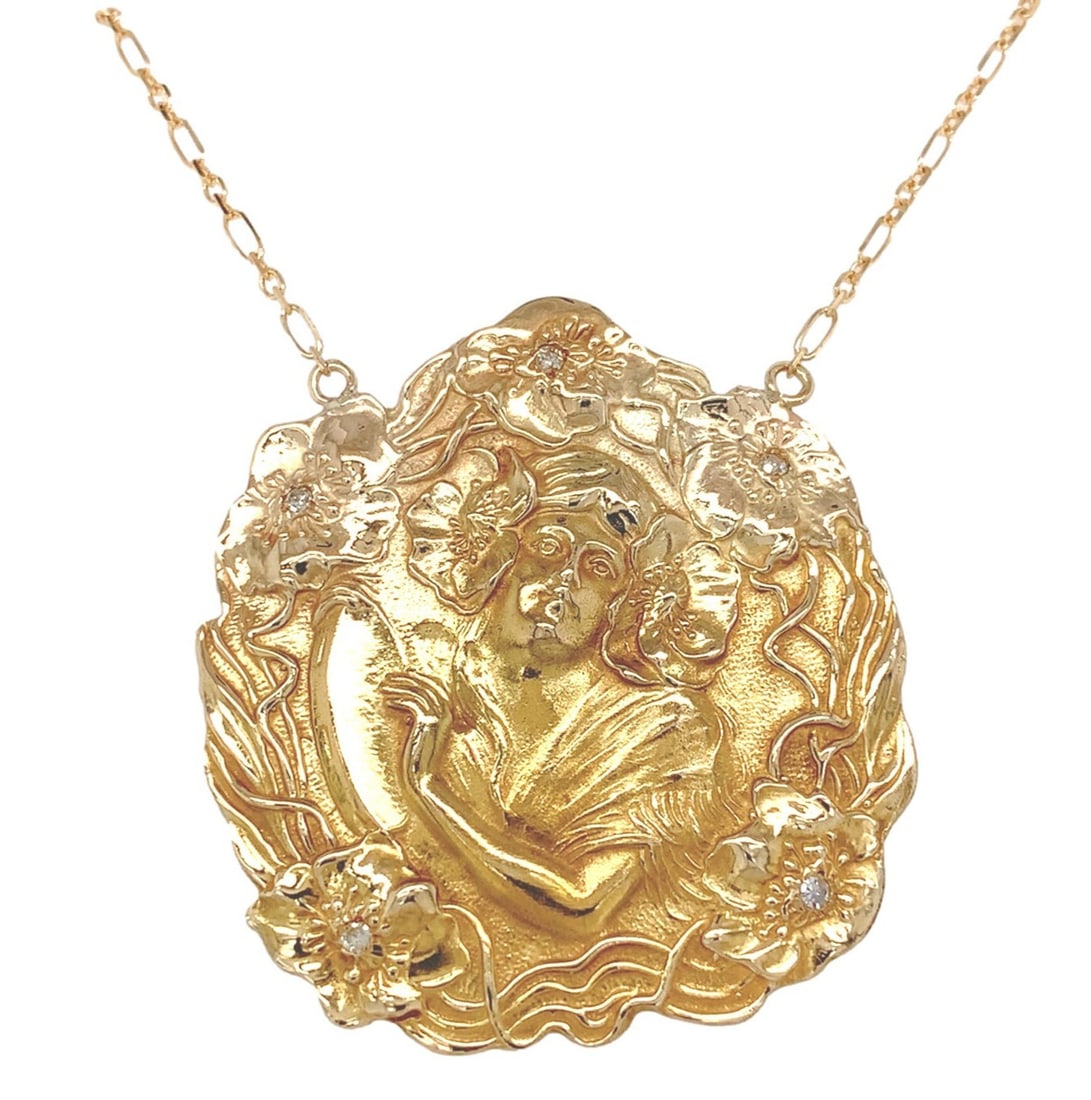 14k Gold Art Nouveau Woman and Flowers Necklace with Diamonds (1 of 10)
