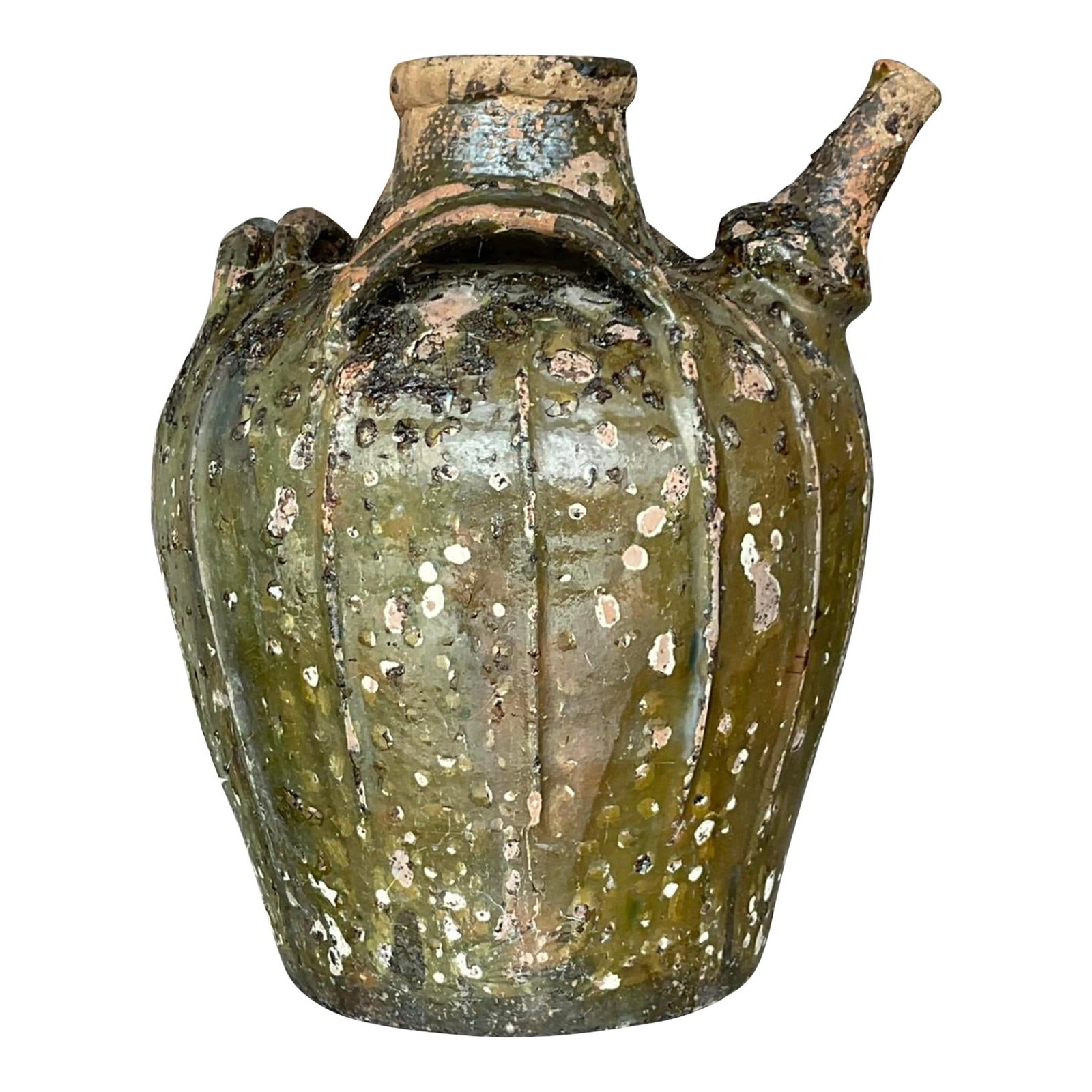 Vintage Boho Ceramic Urn Avocado Matte Glaze 15.5": Vintage Boho Ceramic Urn Avocado Matte Glaze 15.5" Discover the Vintage Boho Patinated Matte Glazed Ceramic Urn, a piece that beautifully embodies American style with its rustic charm and timeless sop