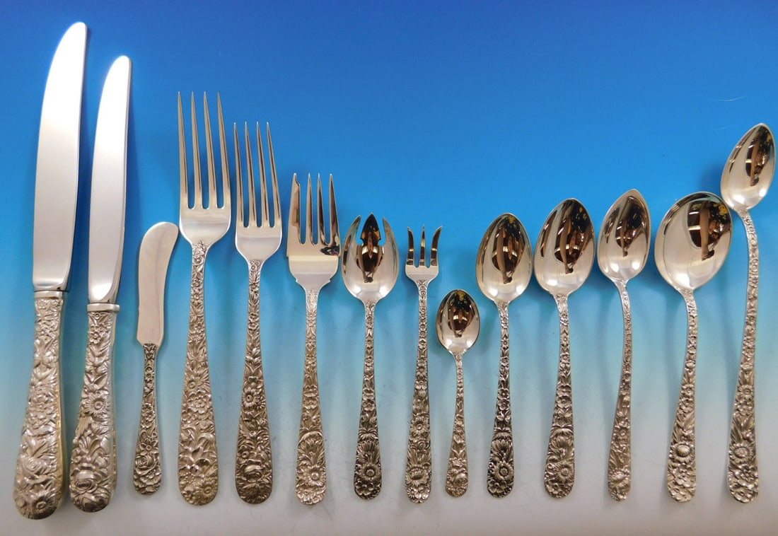Kirk Repousse Sterling Silver Flatware 183 Piece Dinner Luncheon Set: Kirk Repousse Sterling Silver Flatware 183 Piece Dinner Luncheon Set This vintage flatware set by Kirk features the renowned Repousse pattern, first introduced in 1828 and distinguished by its intrica