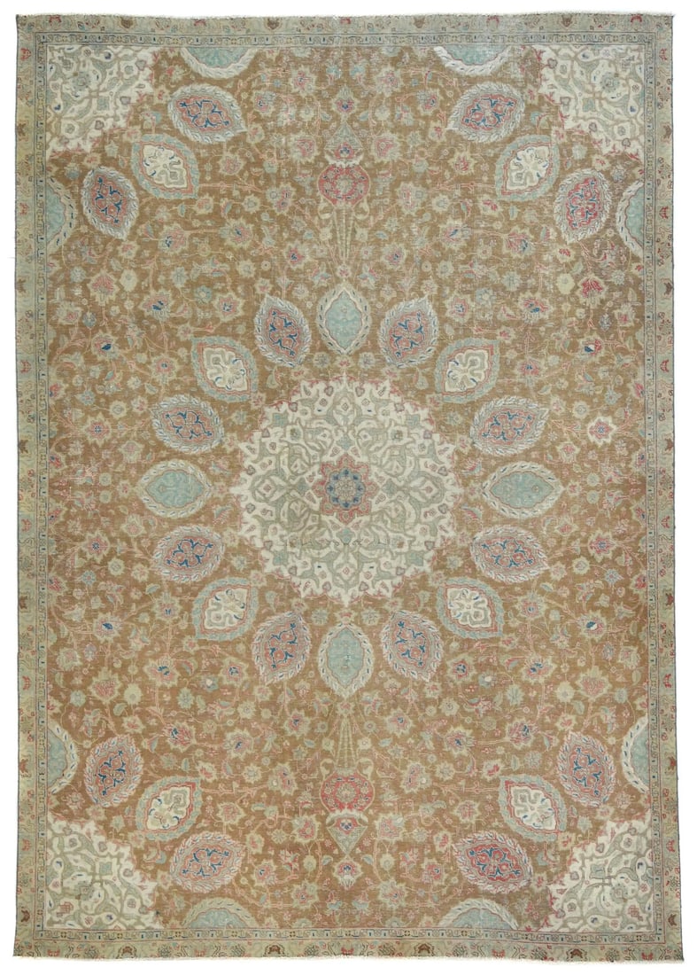 Hand Knotted Wool Oriental Area Rug 7'3 x 10'1 Vintage Floral: Hand Knotted Wool Oriental Area Rug 7'3 x 10'1 Vintage Floral This handmade semi-antique Oriental rug features a muted color palette with shades of khaki, cream, red, and turquoise. Crafted from wool 