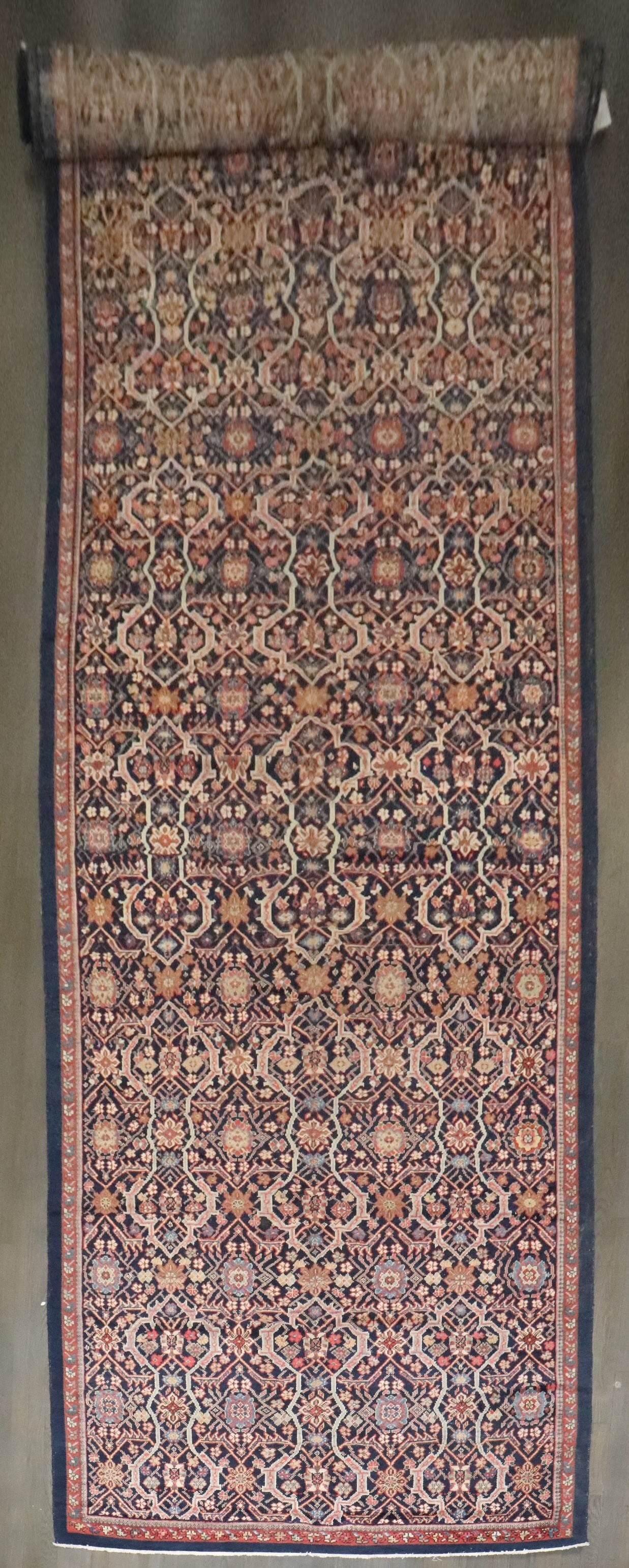 5' 8" x 21' 10" Persian Mahal Gallery Runner Navy: 5' 8" x 21' 10" Persian Mahal Gallery Runner Navy Vintage Persian Mahal runner in a corridor-size gallery format. This mid-20th century piece features a navy palette and is offered in pre-owned condit