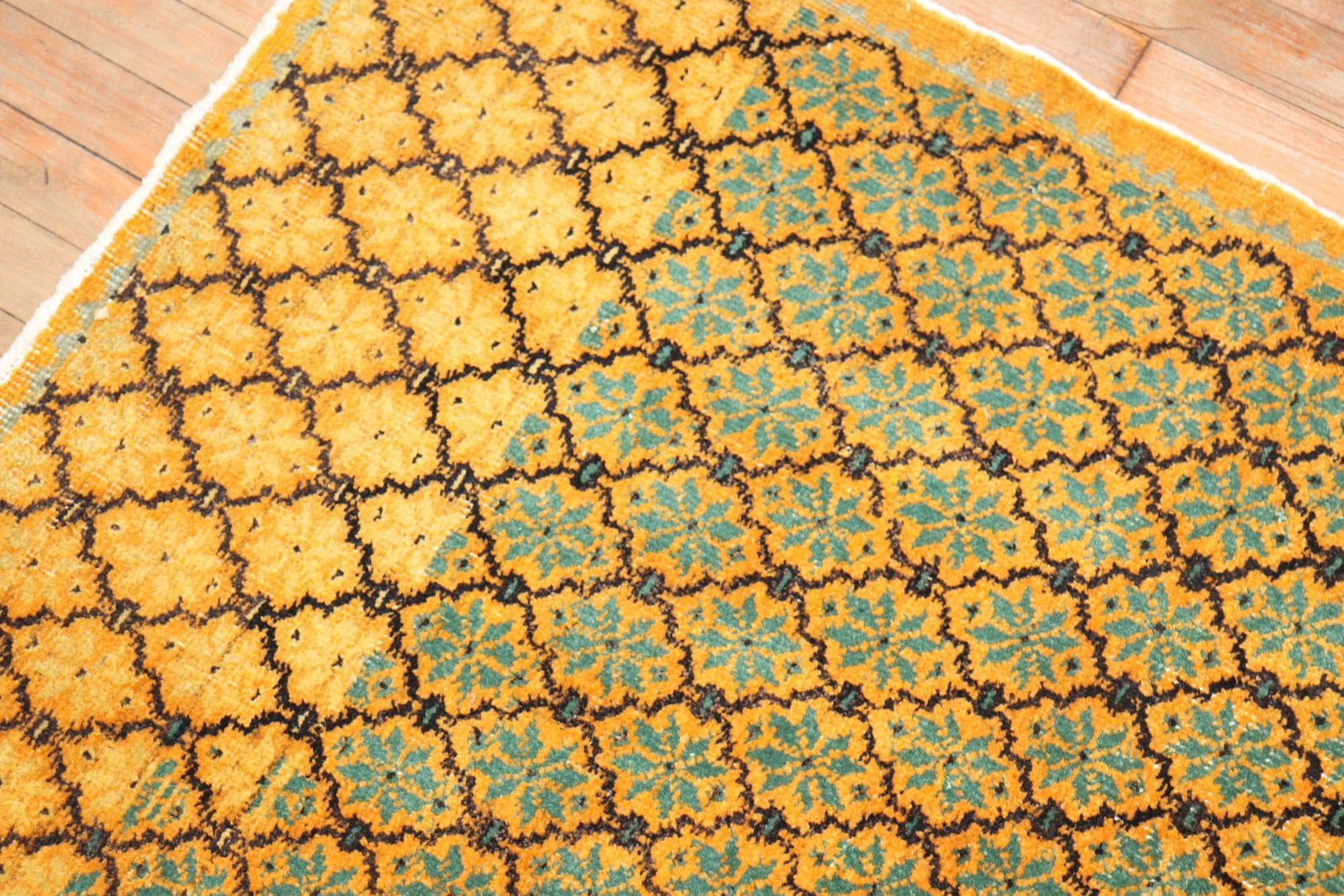 4' 3" x 7' 5" Mid 20th Century Konya Turkish Rug Yellow Ground: 4' 3" x 7' 5" Mid 20th Century Konya Turkish Rug Yellow Ground Mid 20th century Turkish Konya rug featuring a borderless design in brown and green on a yellow ground. Pre-owned. Specifications Type: K