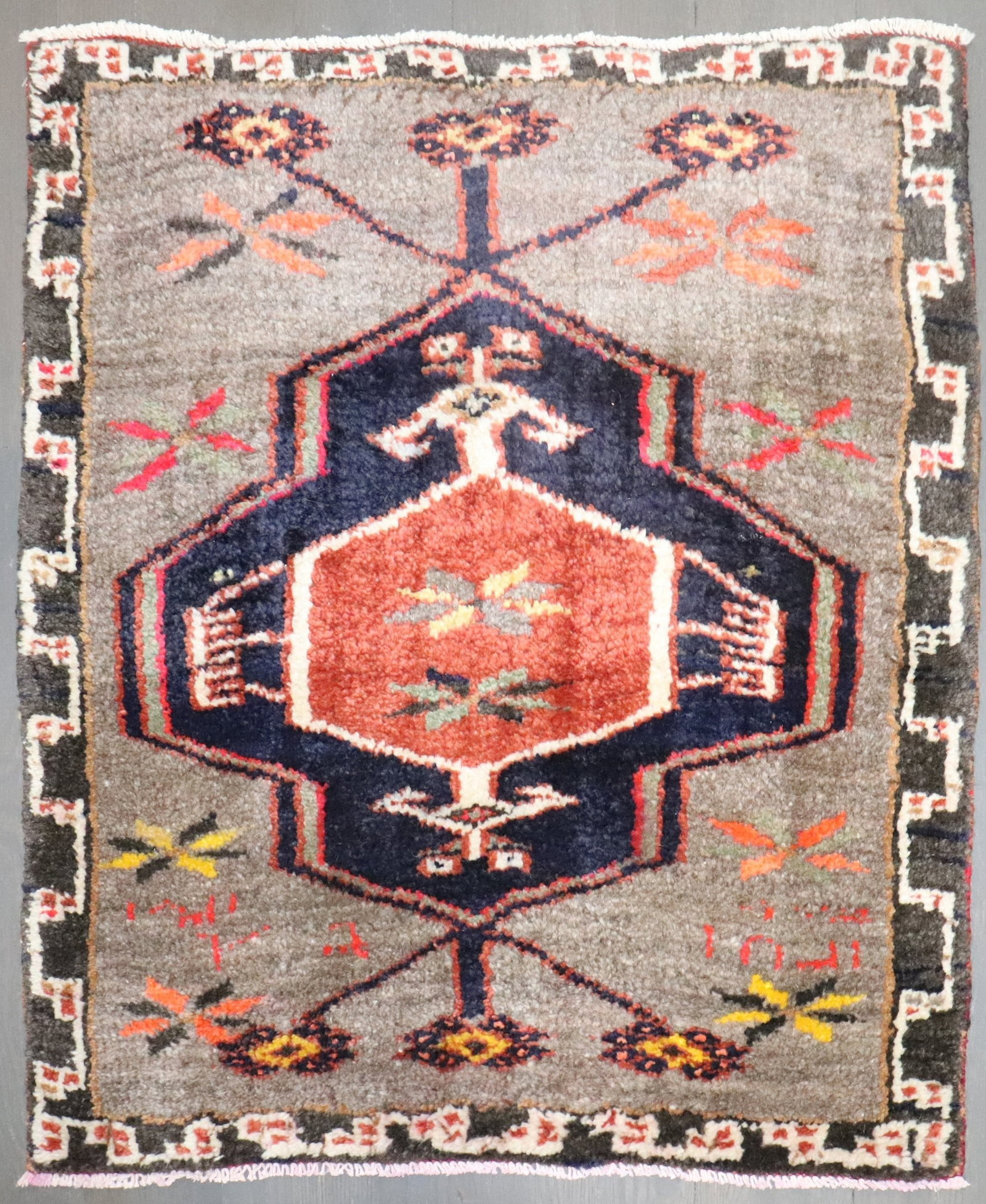 2' 3" x 2' 7" Square Kars Yastik Rug Turkish: 2' 3" x 2' 7" Square Kars Yastik Rug Turkish Mid 20th century Turkish Kars mini rug in a square yastik format. This pre-owned piece features the compact proportions and traditional regional character 