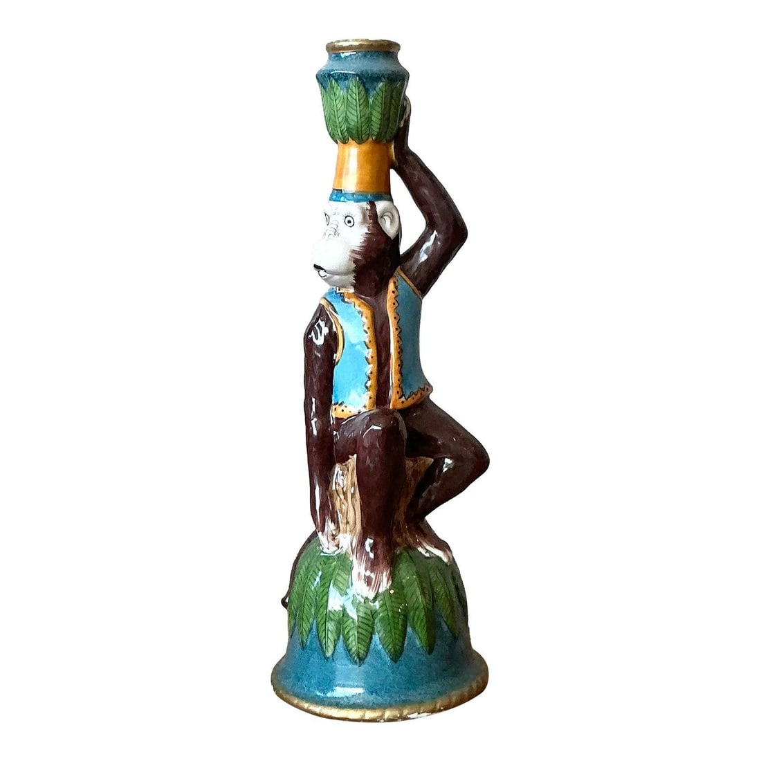 Hand Painted Ceramic Monkey Candlestick with Palm Leaf Cup 12.5" Tall Boho Decor (1 of 9)