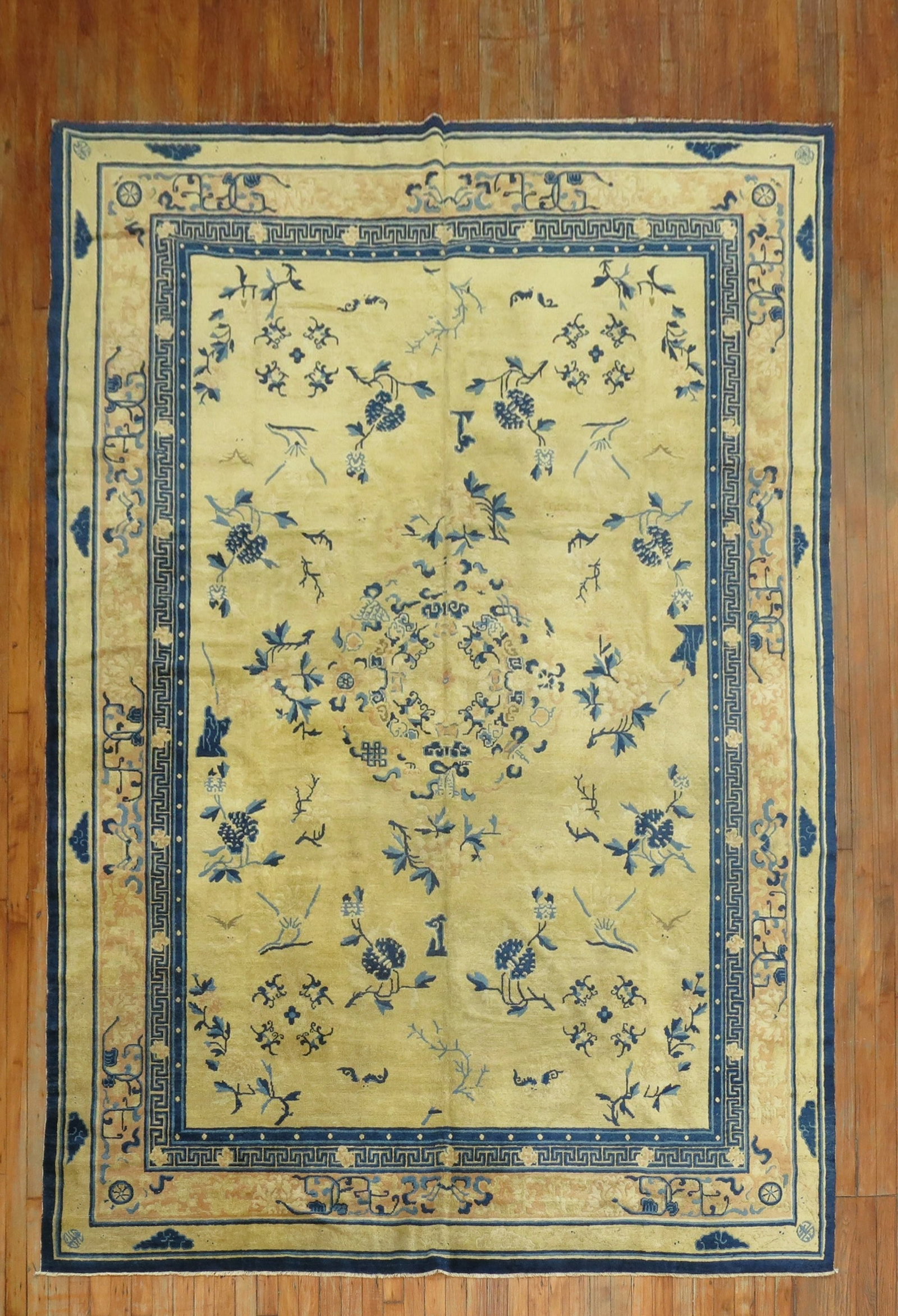 7' 4" x 10' Mid 20th Century Chinese Peking Room Rug: 7' 4" x 10' Mid 20th Century Chinese Peking Room Rug Vintage mid 20th century Chinese Peking rug with a rectangular room-size format. This pre-owned rug features a floral and geometric design in blue 