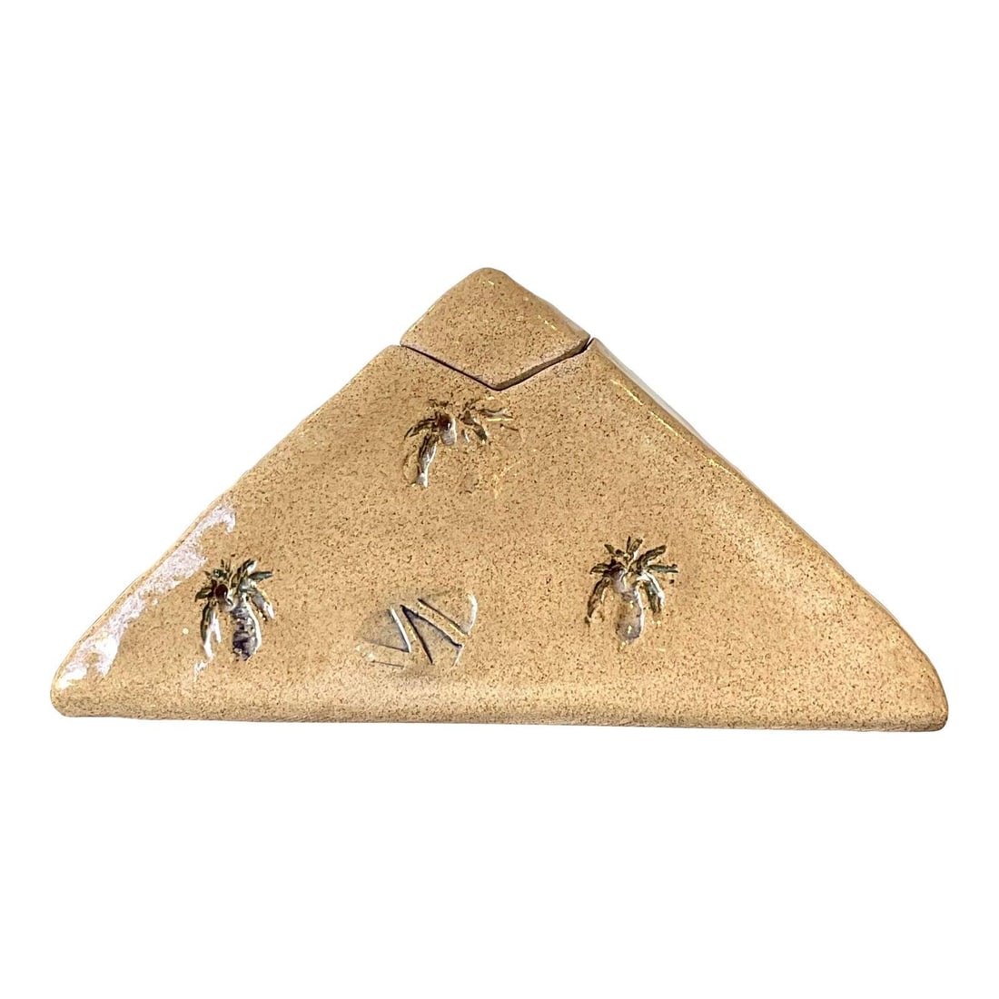 Signed Stoneware Pyramid Box with Palm Motifs: Signed Stoneware Pyramid Box with Palm Motifs This vintage studio pottery box showcases a bold Postmodern geometric design with a triangular, pyramidal silhouette. Hand-crafted from heavy stoneware, i