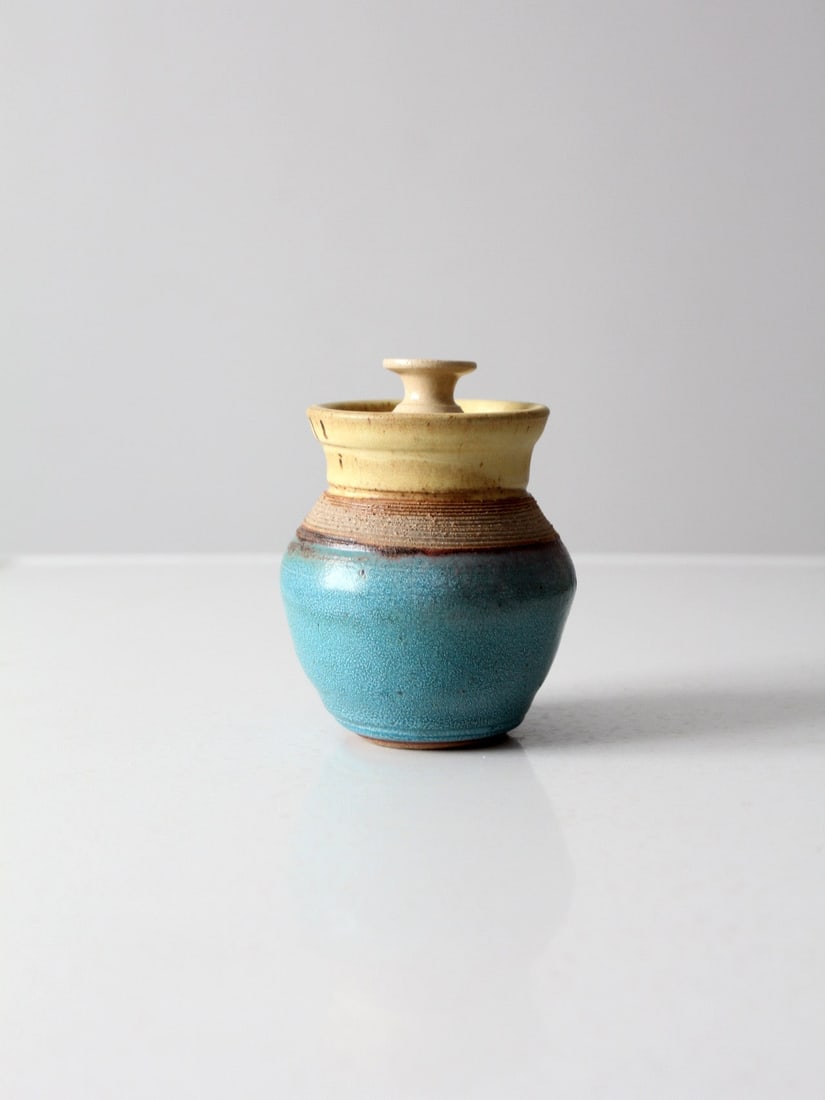 Signed Vintage Studio Pottery Jar Turquoise Yellow Glaze 5.5 Inch (1 of 11)