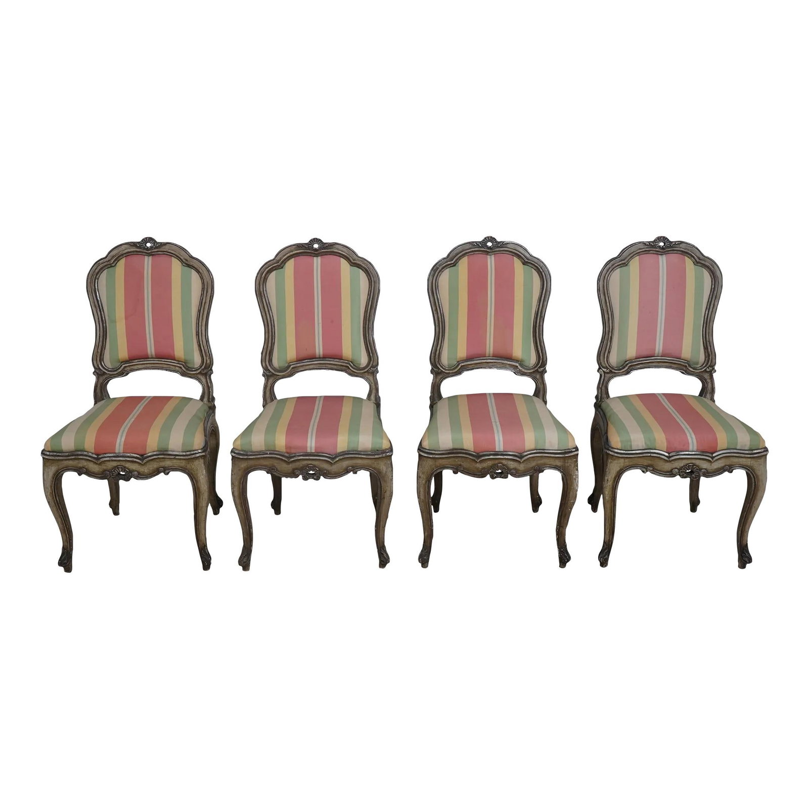 Set of 4 Vintage Louis XV Chrome Dining Chairs C.1930s Polychrome Finish: Set of 4 Vintage Louis XV Chrome Dining Chairs C.1930s Polychrome Finish This set of four vintage French Louis XV dining chairs, dating back to the 1930s, features a stunning polychrome painted finish