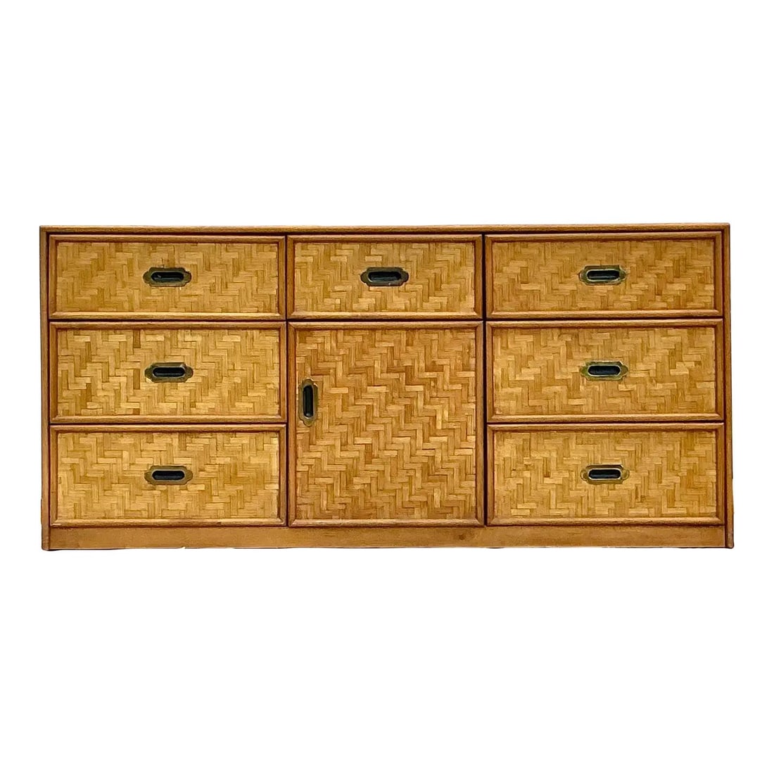 Vintage Coastal Rattan Credenza with Parquet Pattern and Metal Accents: Vintage Coastal Rattan Credenza with Parquet Pattern and Metal Accents Elevate your home decor with this exceptional Vintage Coastal Parquet Rattan Credenza. This stunning piece features a beautifully
