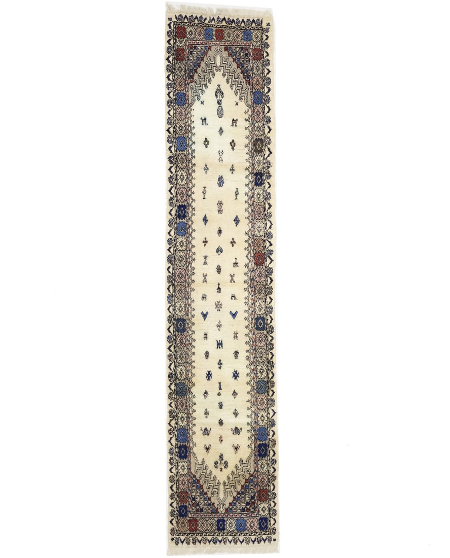 Wool Hand Knotted Tribal Vintage Runner Rug 2'3 x 11'1: Wool Hand Knotted Tribal Vintage Runner Rug 2'3 x 11'1 Enhance your space with this stunning hand-knotted Oriental runner rug, featuring a tribal vintage pictorial style. Measuring 2'3" x 11'1", this 