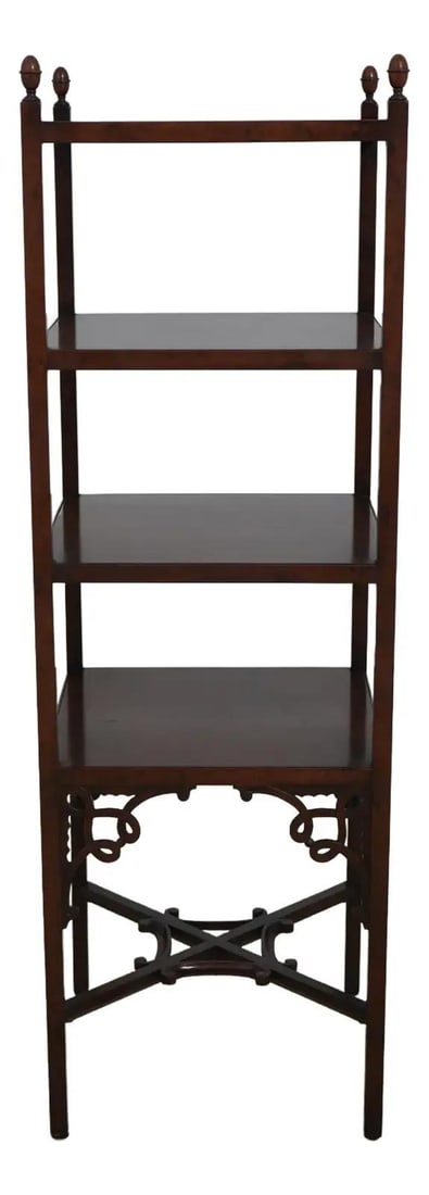 Baker Chippendale Mahogany 4 Tier Etagere Shelf Vintage: Baker Chippendale Mahogany 4 Tier Etagere Shelf Vintage This exquisite Baker Chippendale Mahogany 4 Tier Etagere Shelf showcases the timeless beauty of traditional Chippendale style. Crafted with qual