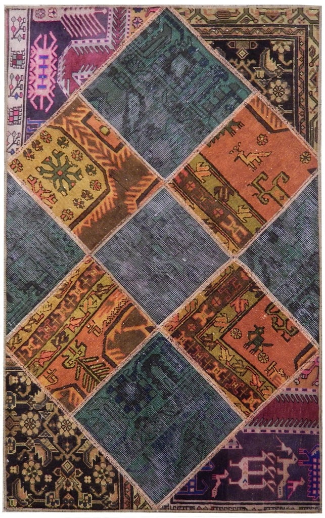 3'2 x 5' Multi Color Antique Persian Patchwork Rug Hand-Knotted Iran: 3'2 x 5' Multi Color Antique Persian Patchwork Rug Hand-Knotted Iran Free continental US Shipping Introducing a captivating 3.2 x 5 Multi Color Antique Persian Patchwork Rug, a stunning fusion of heri
