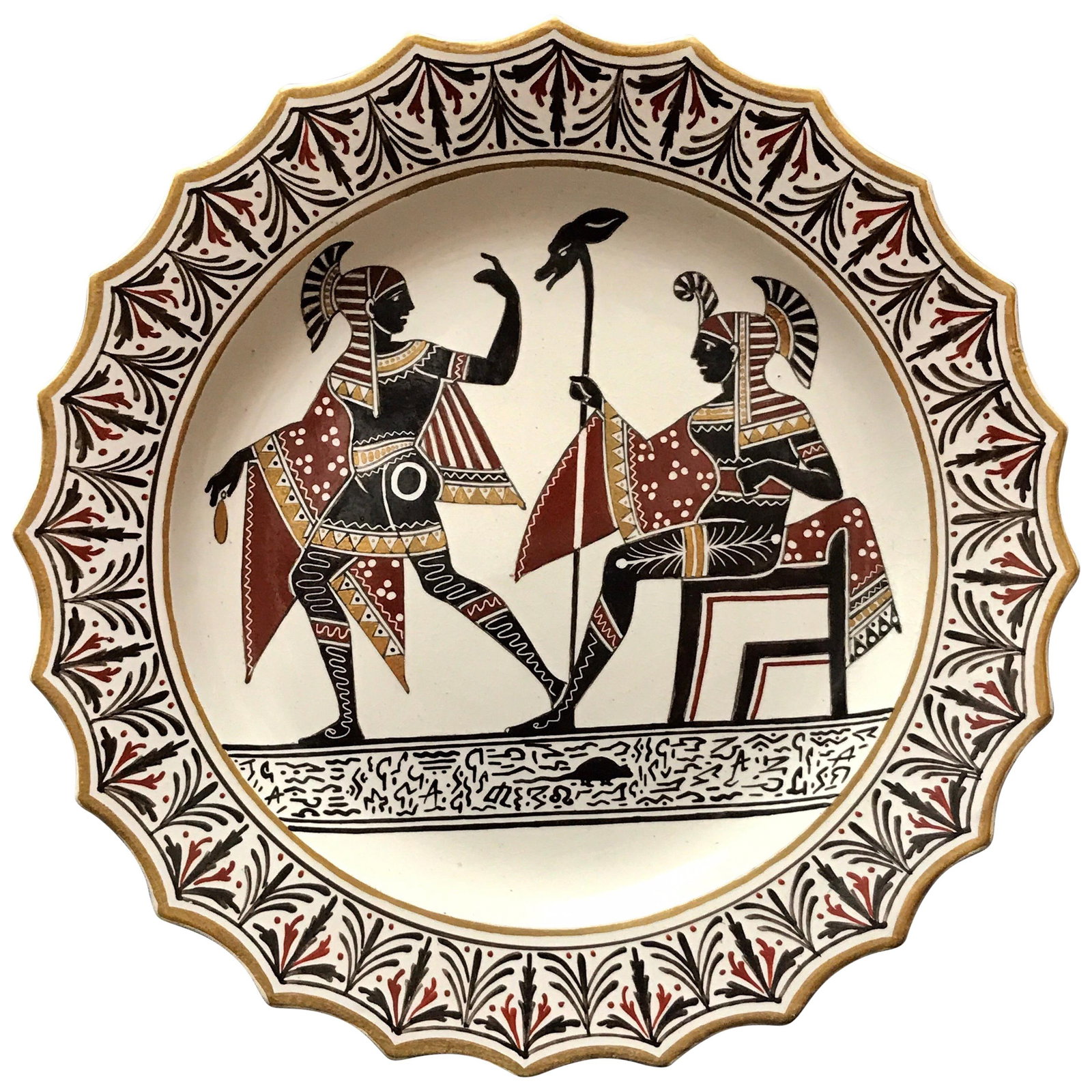 Giustiniani 19th Century Egyptian Motif Pottery Plate with Gilt Highlights: Giustiniani 19th Century Egyptian Motif Pottery Plate with Gilt Highlights This exquisite Giustiniani pottery plate features a captivating Egyptian motif adorned with gilt highlights and showcases a c