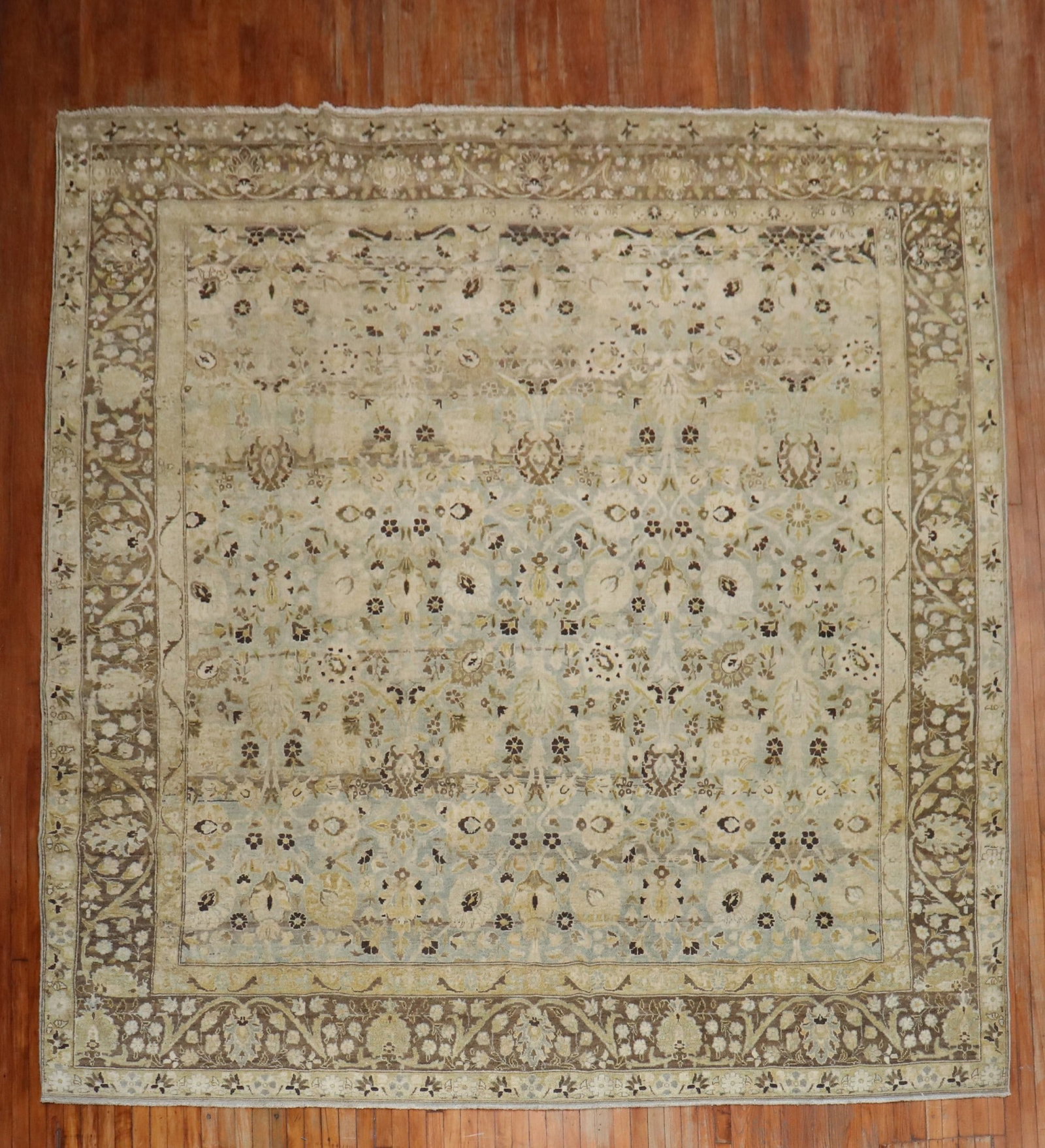 11' 3" x 13' 3" Antique Persian Tabriz Room Rug: 11' 3" x 13' 3" Antique Persian Tabriz Room Rug Antique Persian Tabriz carpet featuring a large-scale all-over design in blue gray and chartreuse with brown accents. This room-size rectangular rug is 