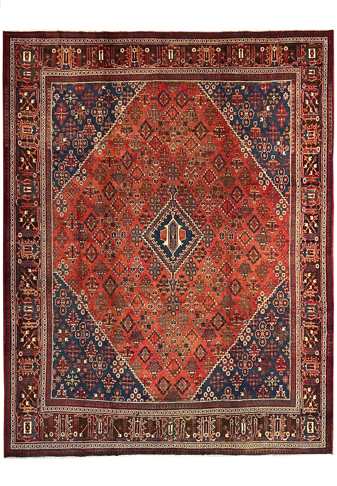 10 x 13.6 Hand Knotted Persian Joshagan Rug Geometric Wool: 10 x 13.6 Hand Knotted Persian Joshagan Rug Geometric Wool Free continental US Shipping Hand-knotted Persian Joshagan rug featuring a geometric traditional pattern with diamond and medallion motifs. I