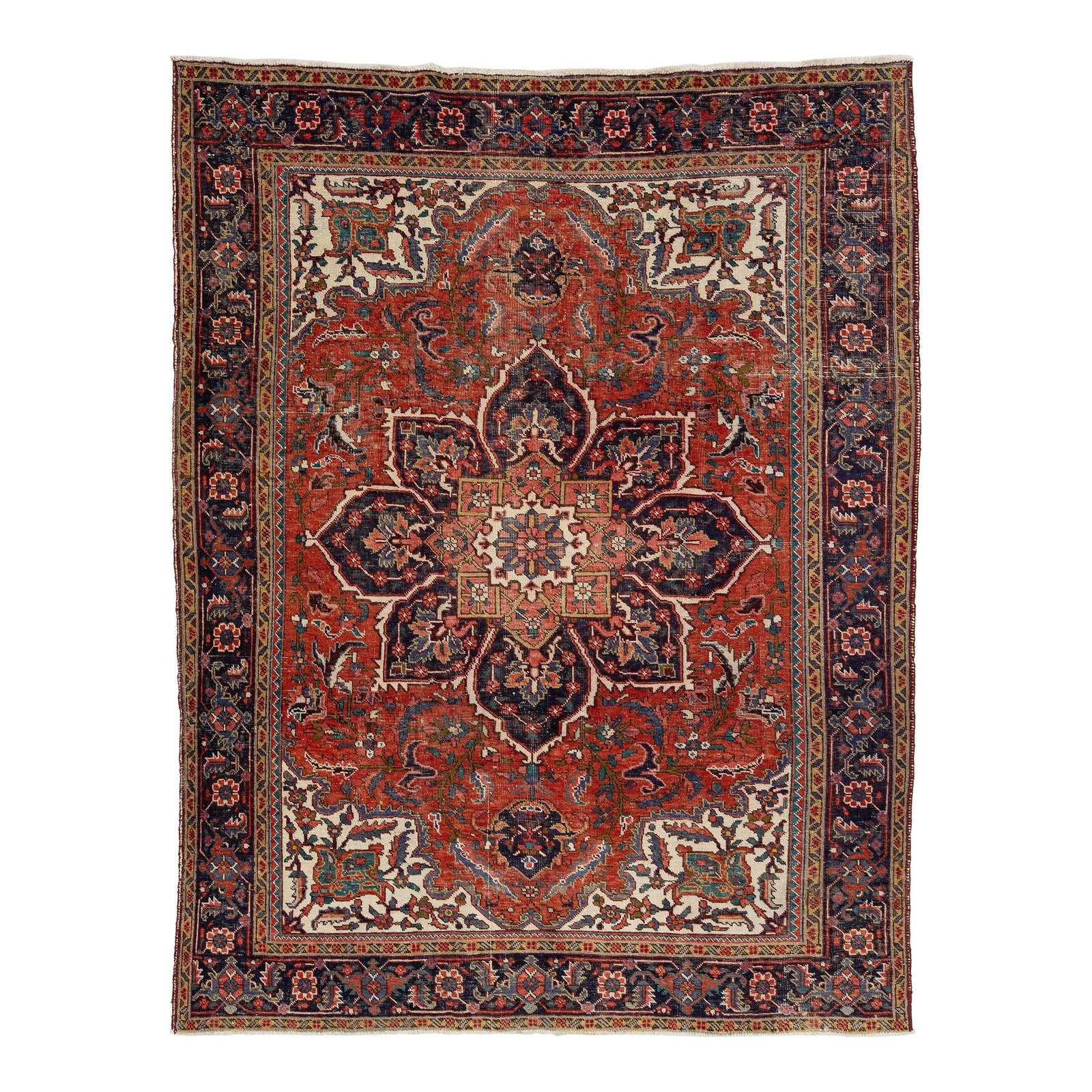 Vintage Heriz Wool Rug 8'3 x 10'8 Red Rosette Motif: Vintage Heriz Wool Rug 8'3 x 10'8 Red Rosette Motif This stunning vintage Heriz wool rug features a vibrant red field adorned with a beautiful rosette motif, complemented by a navy blue frame and mult