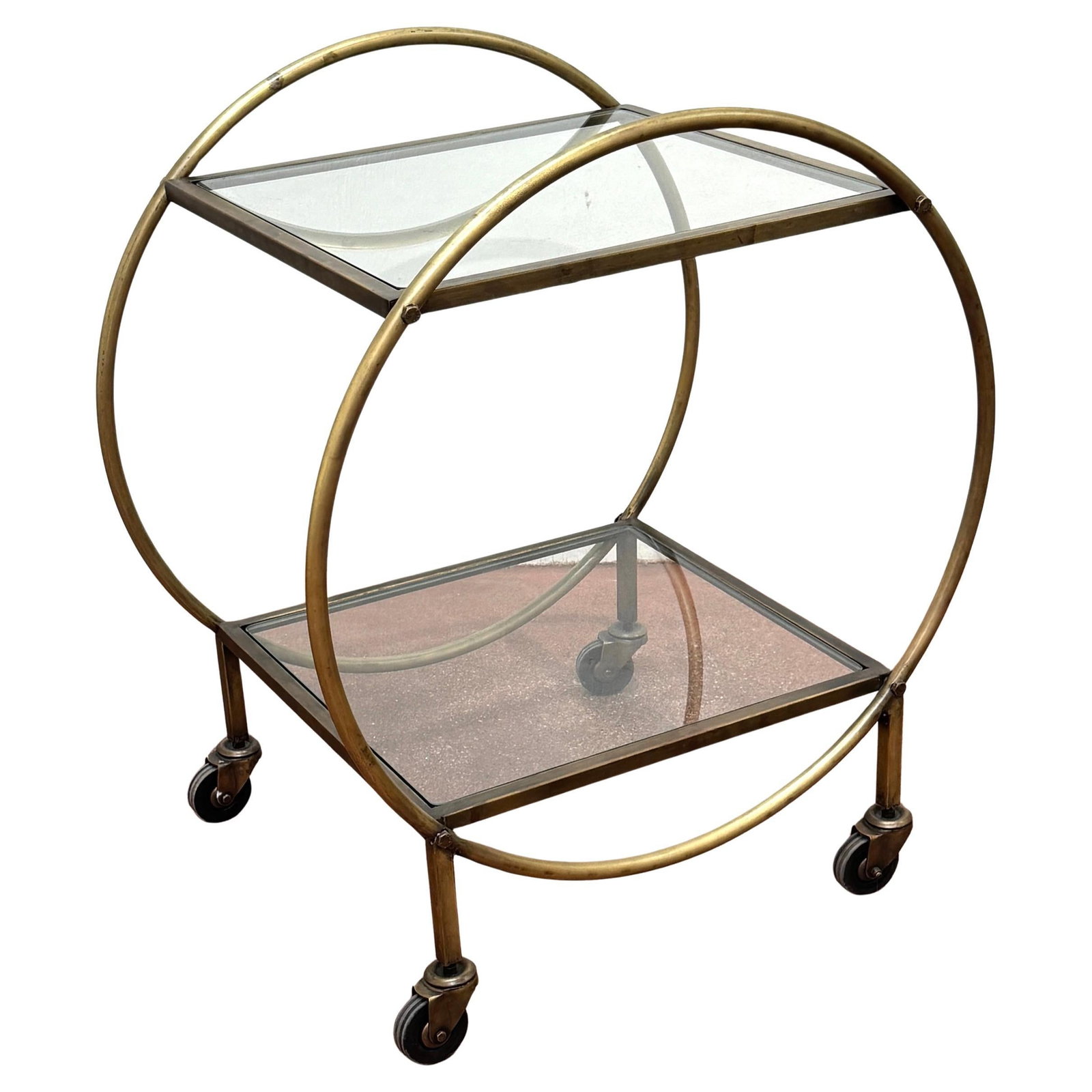 1970s French Modern Spherical Two-Tier Gilt Metal Glass Bar Cart (1 of 9)