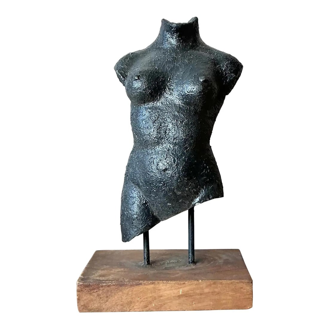 Brutalist Style Black Female Torso Figure on Wood Base: Brutalist Style Black Female Torso Figure on Wood Base This vintage Boho Brutalist-inspired sculpture features a female torso crafted from a textured composite material with a deep black or anthracite