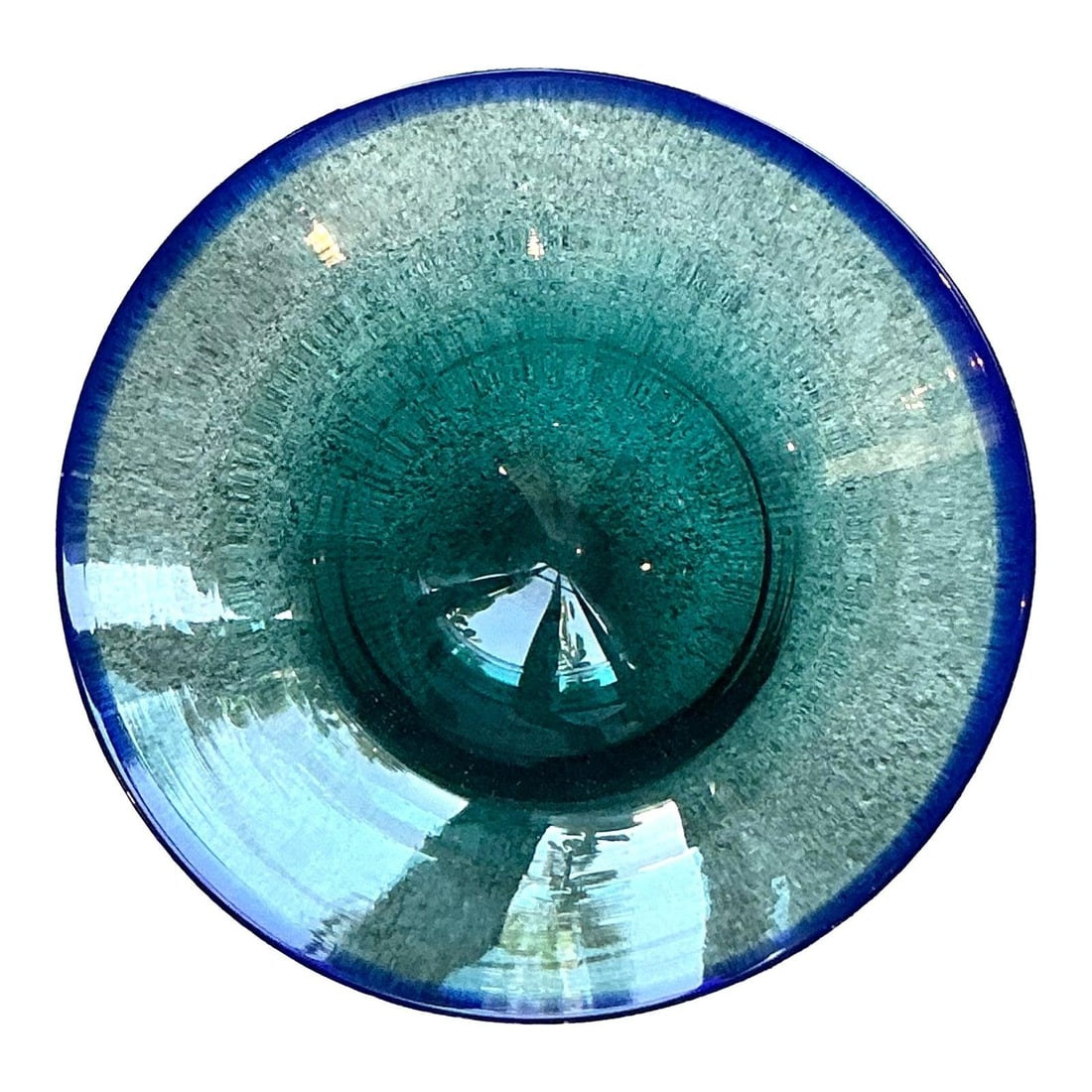 Hand-Blown Teal Glass Bowl With Cobalt Rim 12 Inch Vintage Bohemian Style (1 of 10)