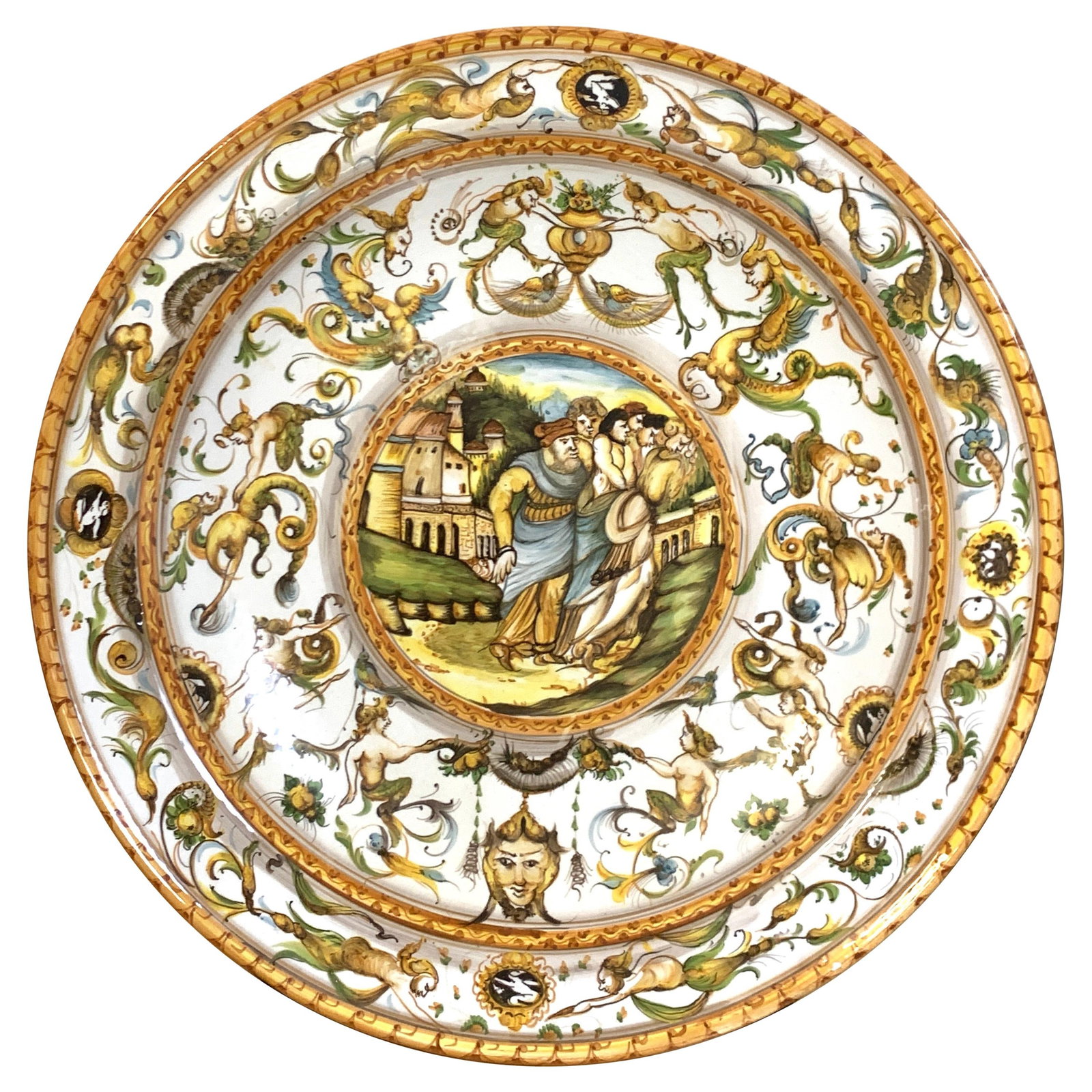 A. Deruta 20th Century Italian Majolica Allegorical Charger 22 inches: A. Deruta 20th Century Italian Majolica Allegorical Charger 22 inches This stunning massive Italian Majolica allegorical charger, crafted by A. Deruta, showcases exquisite hand-painted decoration in t