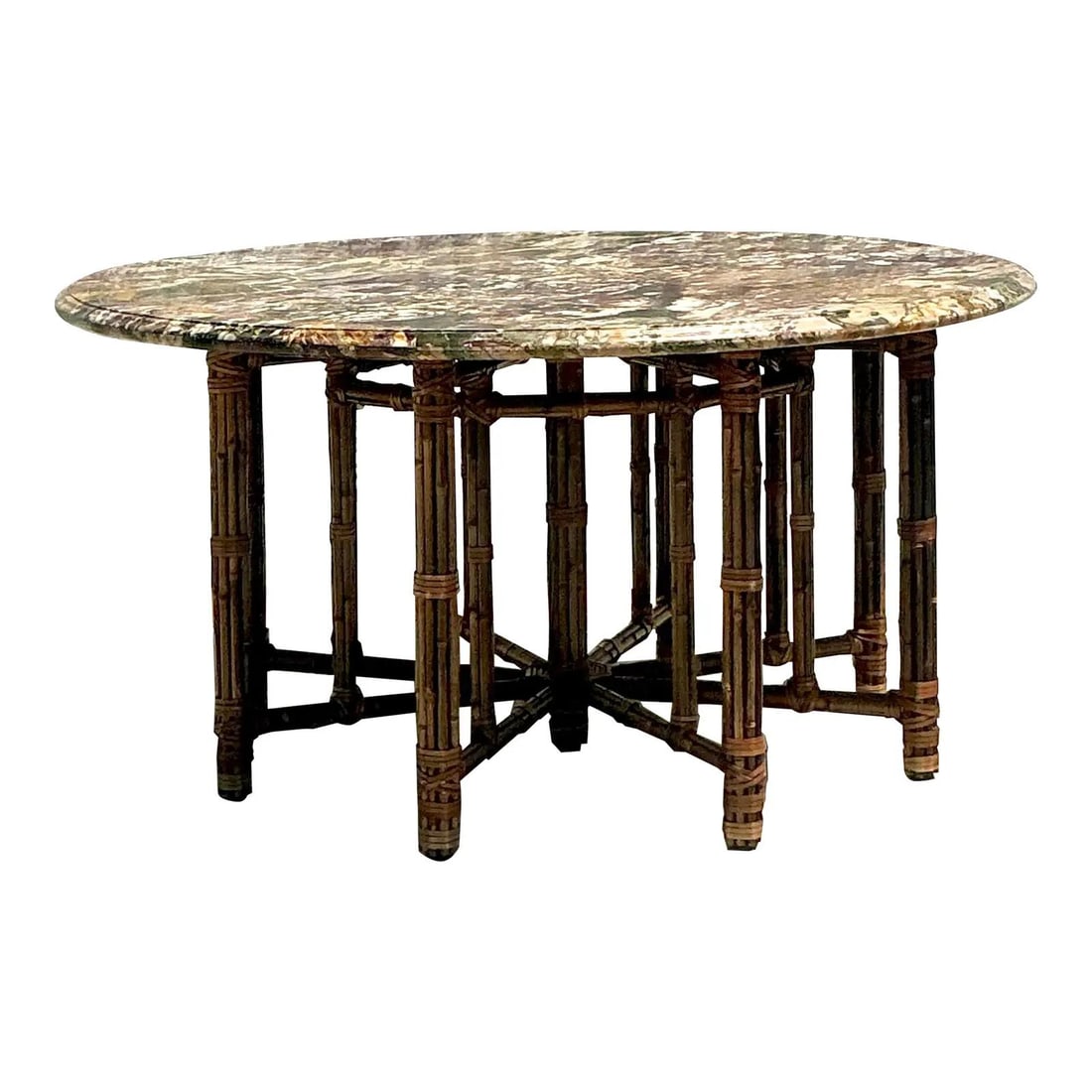 Vintage McGuire Bundled Bamboo Center Hall Table with Marble Top: Vintage McGuire Bundled Bamboo Center Hall Table with Marble Top Experience the beauty of organic elegance with this vintage McGuire center hall table. Featuring an iconic bundled bamboo base, this ta