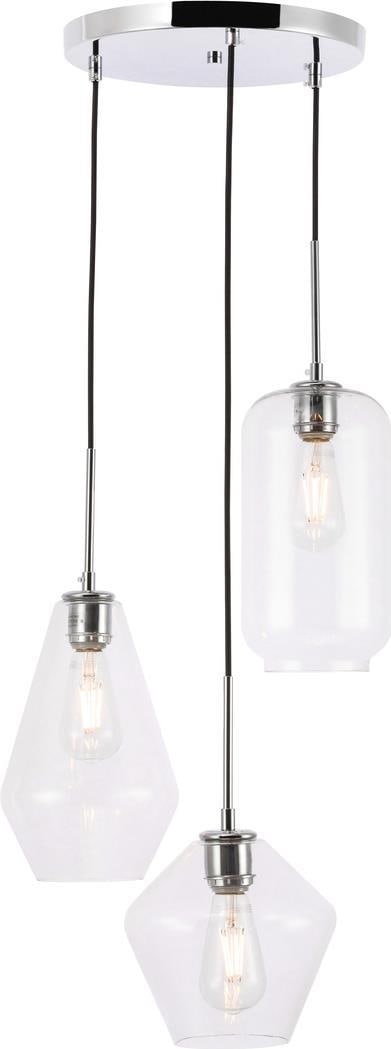 Elegant Gene Chrome Clear Pendant Lamp 3 Bulb Transitional Lighting: Elegant Gene Chrome Clear Pendant Lamp 3 Bulb Transitional Lighting Illuminate your space with the Classic Gene Chrome & Clear Pendant Lamp, a stunning blend of style and functionality. Designed in a 