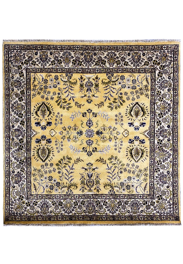 Handmade 68 in Square Wool Rug Classic Sarouk Pattern India: Handmade 68 in Square Wool Rug Classic Sarouk Pattern India Free continental US Shipping This 5.8 x 5.9 square handmade rug features a classic traditional Sarouk pattern, hand-knotted by skilled artis