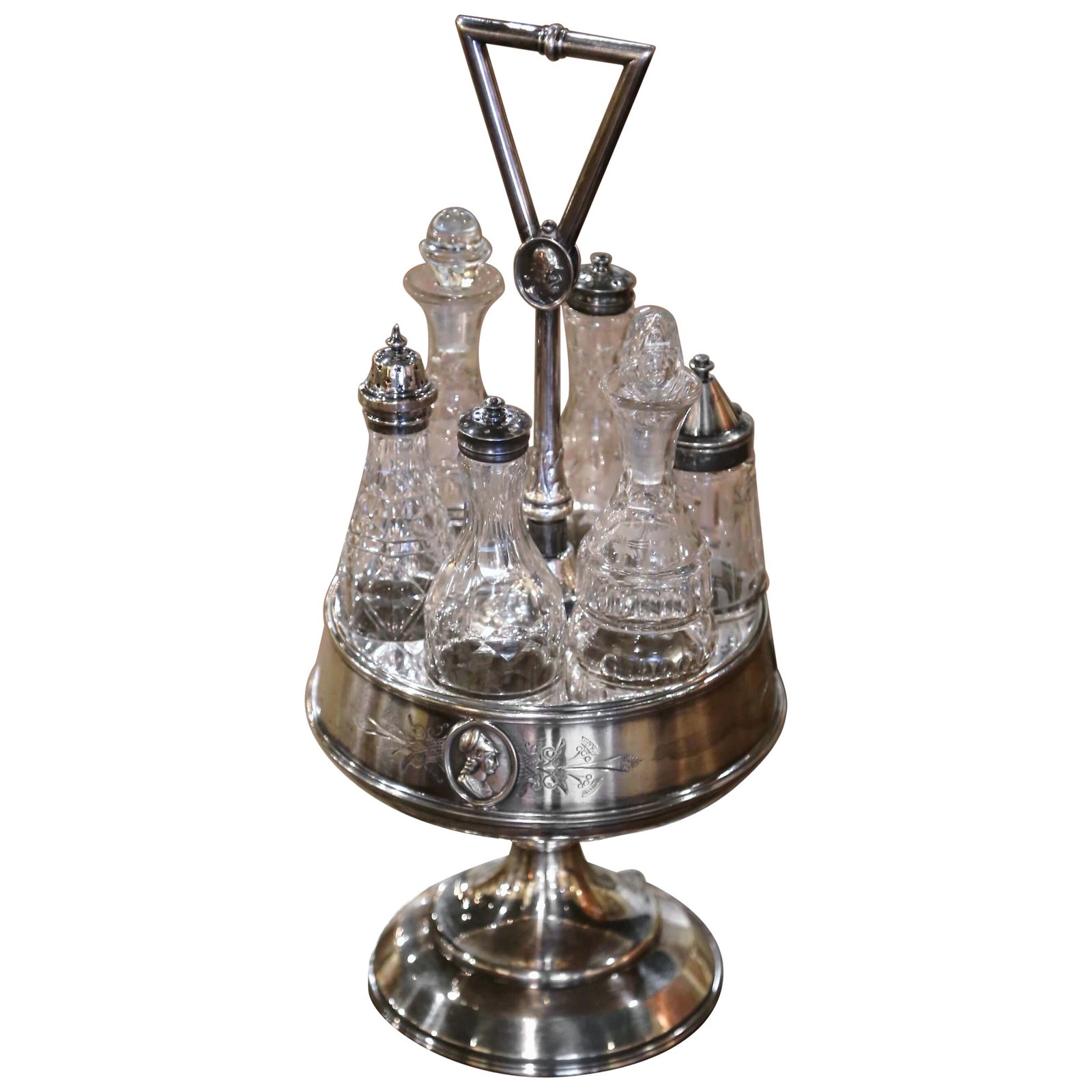 19th Century Reed & Barton Silver-Plated Cruet Set with 6 Etched Crystal Bottles: 19th Century Reed & Barton Silver-Plated Cruet Set with 6 Etched Crystal Bottles Enhance your dining experience with this exquisite 19th Century Reed & Barton Silver-Plated Cruet Set, crafted circa 18