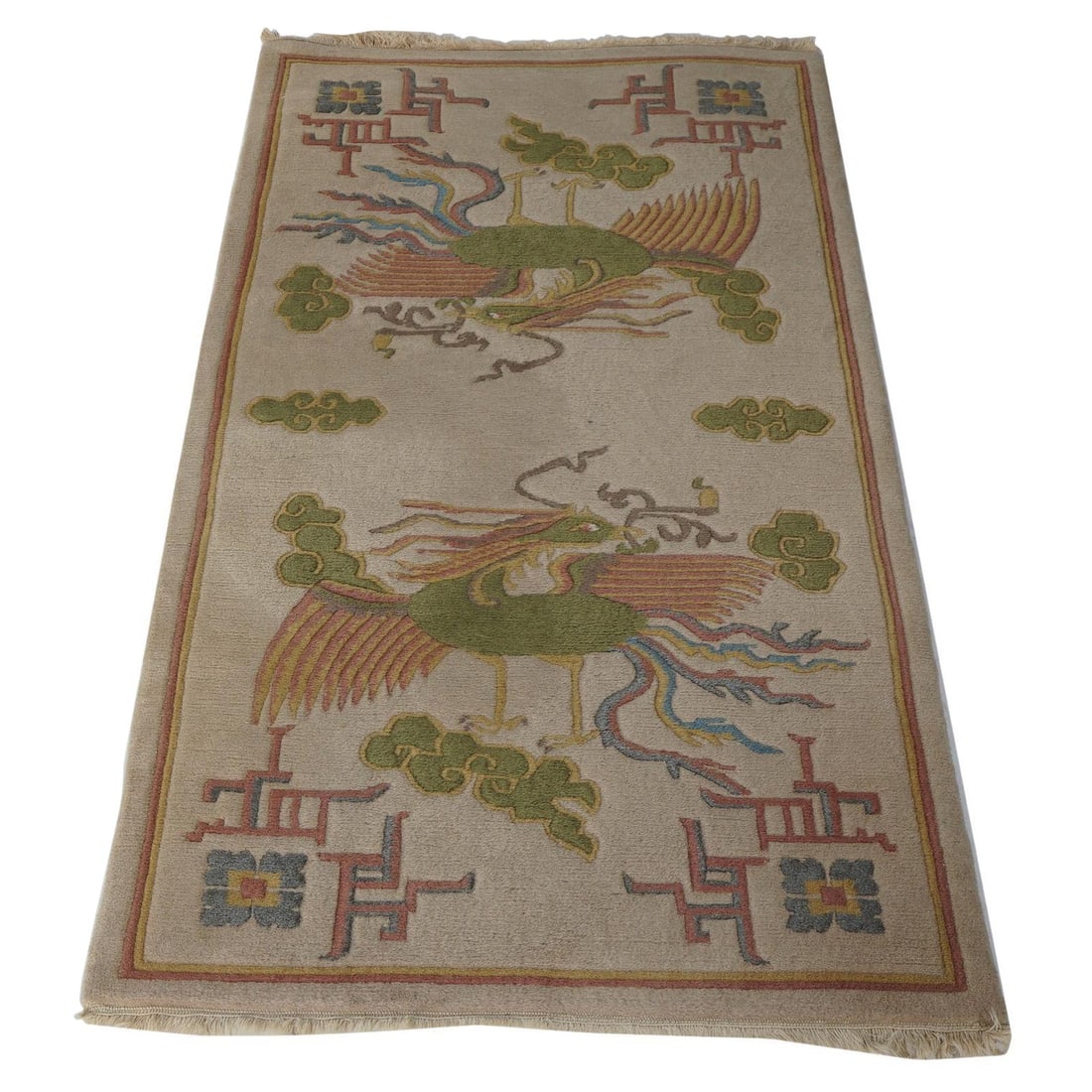 68.5 x 35 Inch Wool Rug with Birds and Clouds 20th Century Nichols Design: 68.5 x 35 Inch Wool Rug with Birds and Clouds 20th Century Nichols Design This Tibetan-inspired Chinese Nichols Oriental rug from the 20th century features finely woven designs of stylized birds, clou
